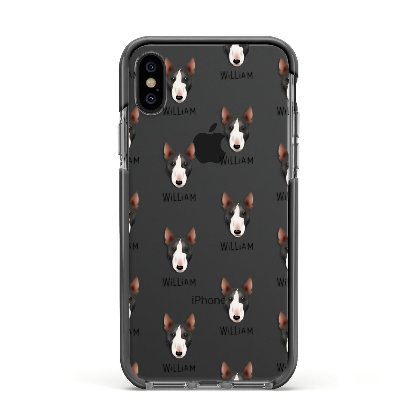 Miniature Bull Terrier Icon with Name Apple iPhone Xs Impact Case Black Edge on Black Phone