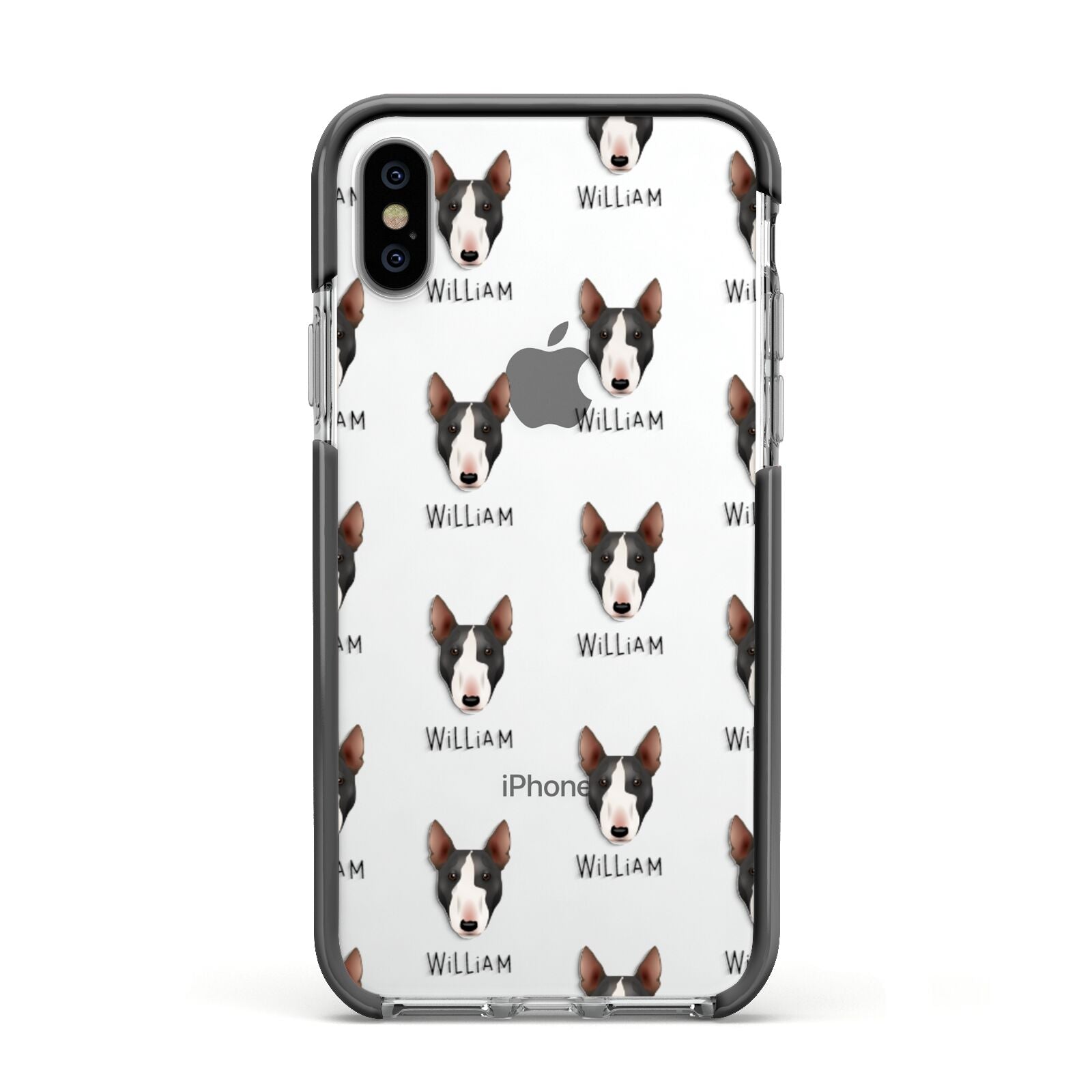 Miniature Bull Terrier Icon with Name Apple iPhone Xs Impact Case Black Edge on Silver Phone