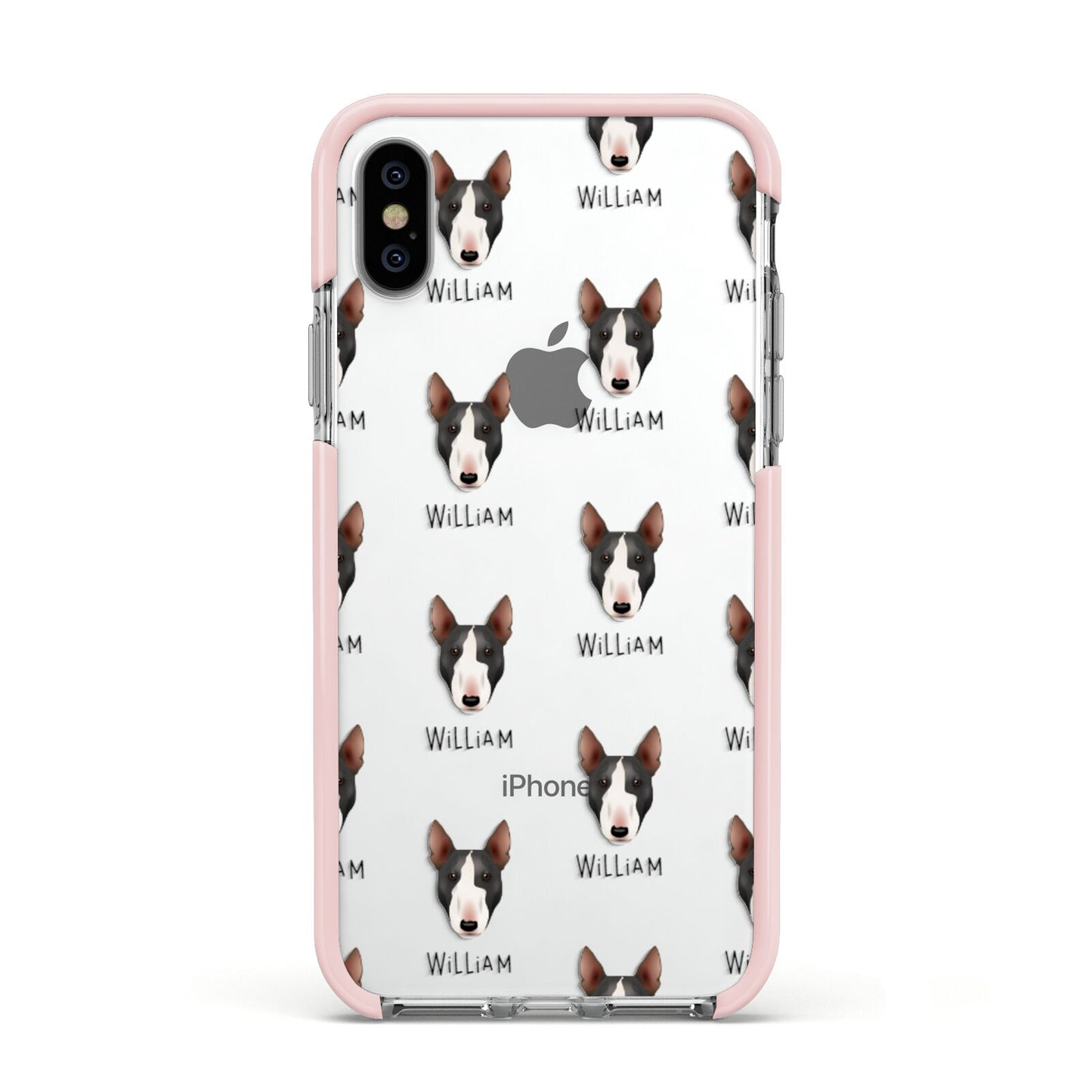 Miniature Bull Terrier Icon with Name Apple iPhone Xs Impact Case Pink Edge on Silver Phone