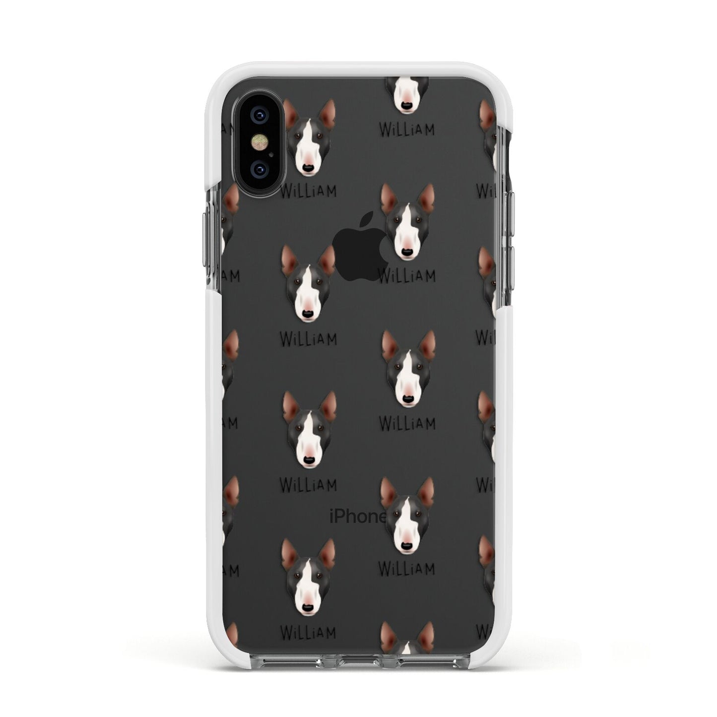 Miniature Bull Terrier Icon with Name Apple iPhone Xs Impact Case White Edge on Black Phone