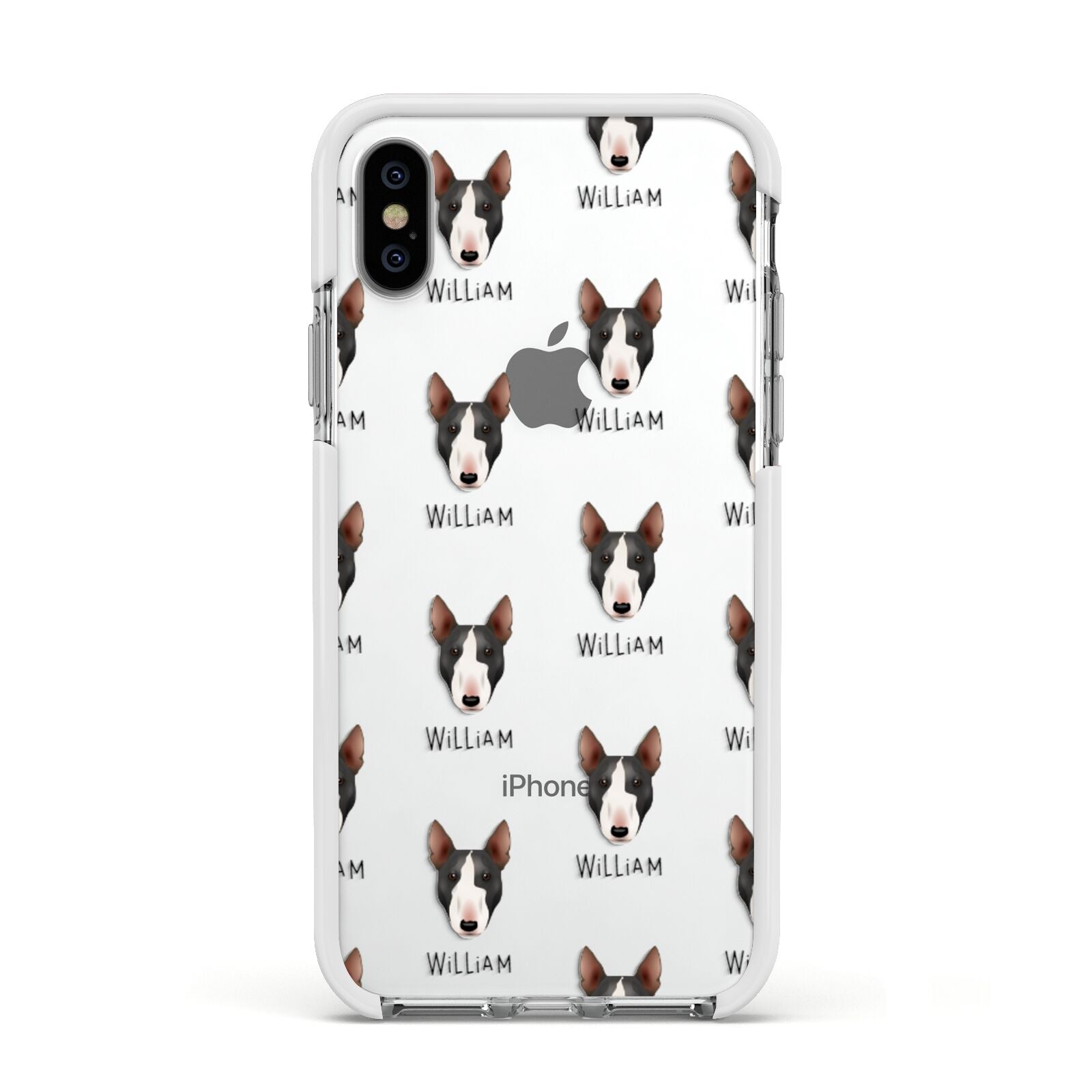Miniature Bull Terrier Icon with Name Apple iPhone Xs Impact Case White Edge on Silver Phone
