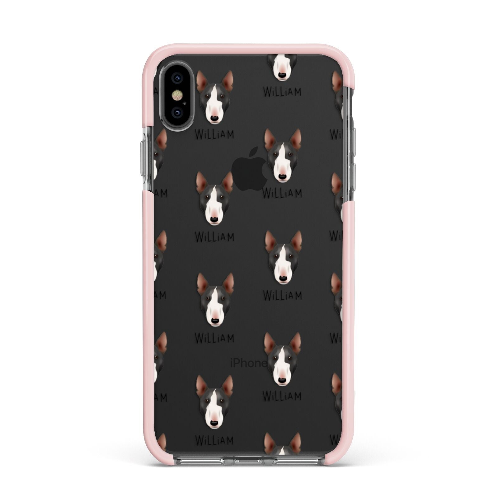 Miniature Bull Terrier Icon with Name Apple iPhone Xs Max Impact Case Pink Edge on Black Phone