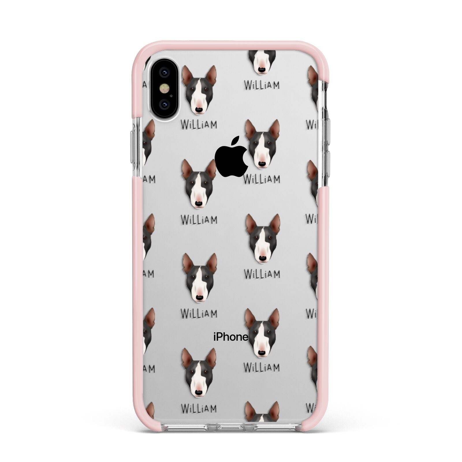Miniature Bull Terrier Icon with Name Apple iPhone Xs Max Impact Case Pink Edge on Silver Phone