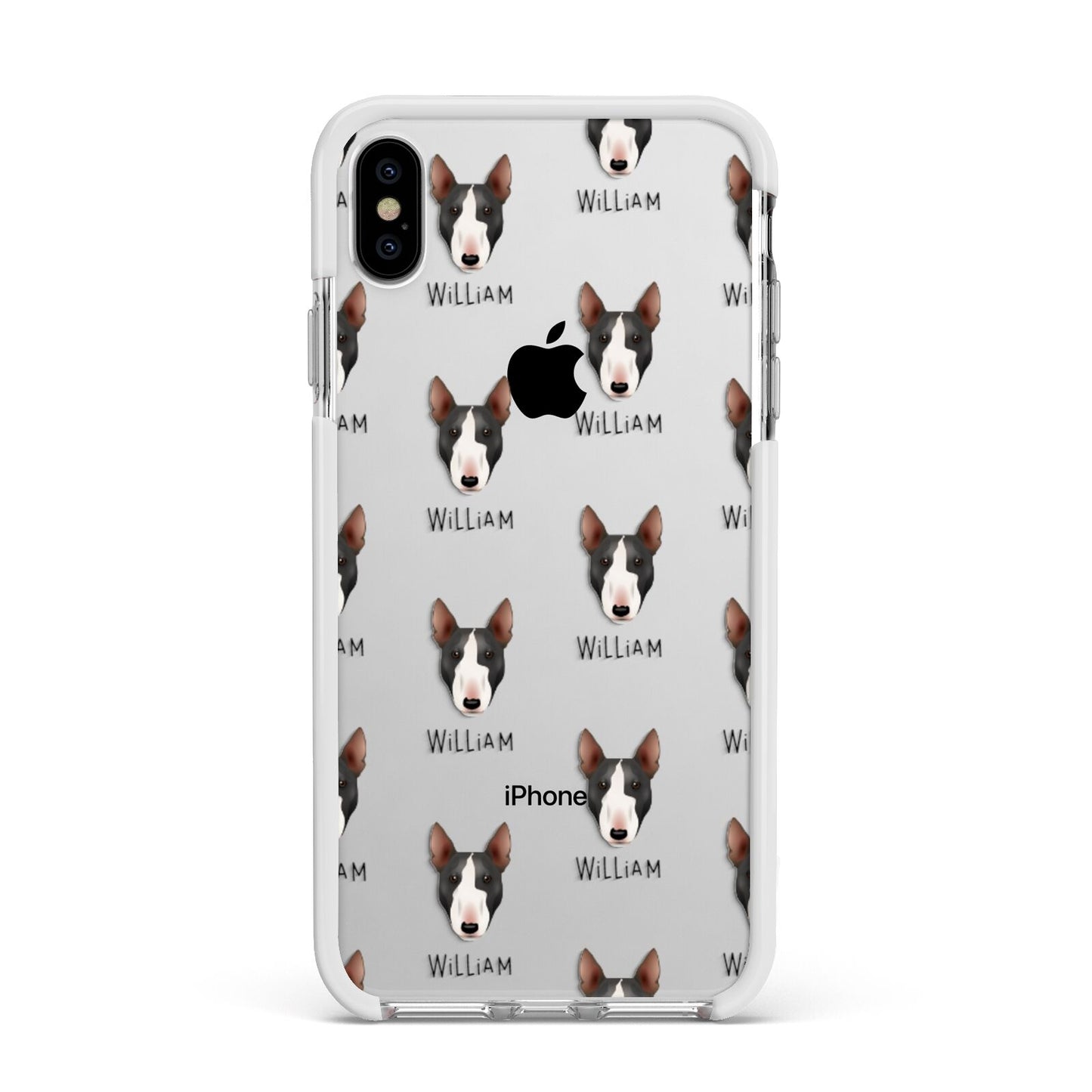 Miniature Bull Terrier Icon with Name Apple iPhone Xs Max Impact Case White Edge on Silver Phone