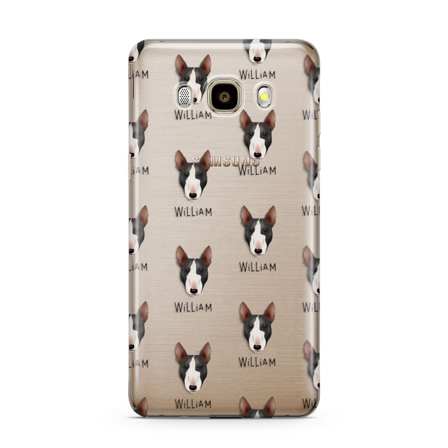 Miniature Bull Terrier Icon with Name Samsung Galaxy J7 2016 Case on gold phone