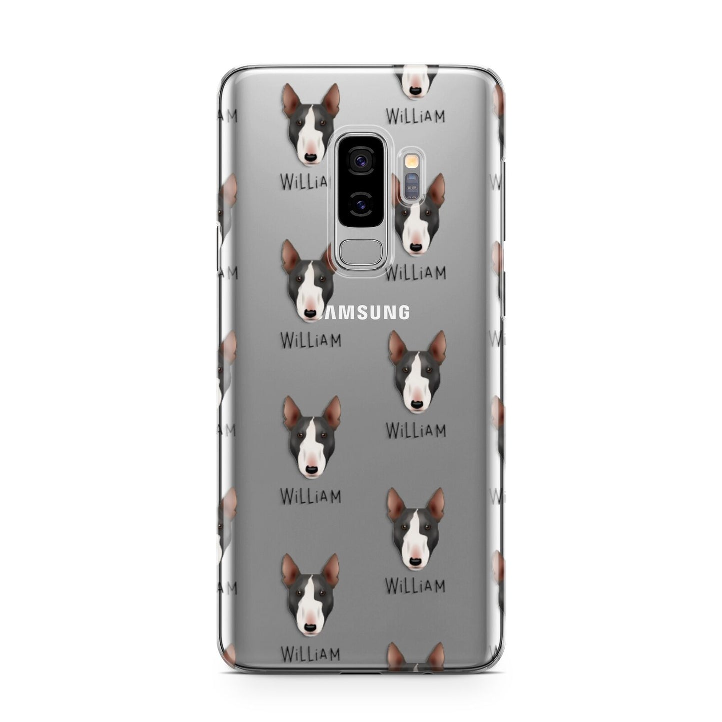 Miniature Bull Terrier Icon with Name Samsung Galaxy S9 Plus Case on Silver phone