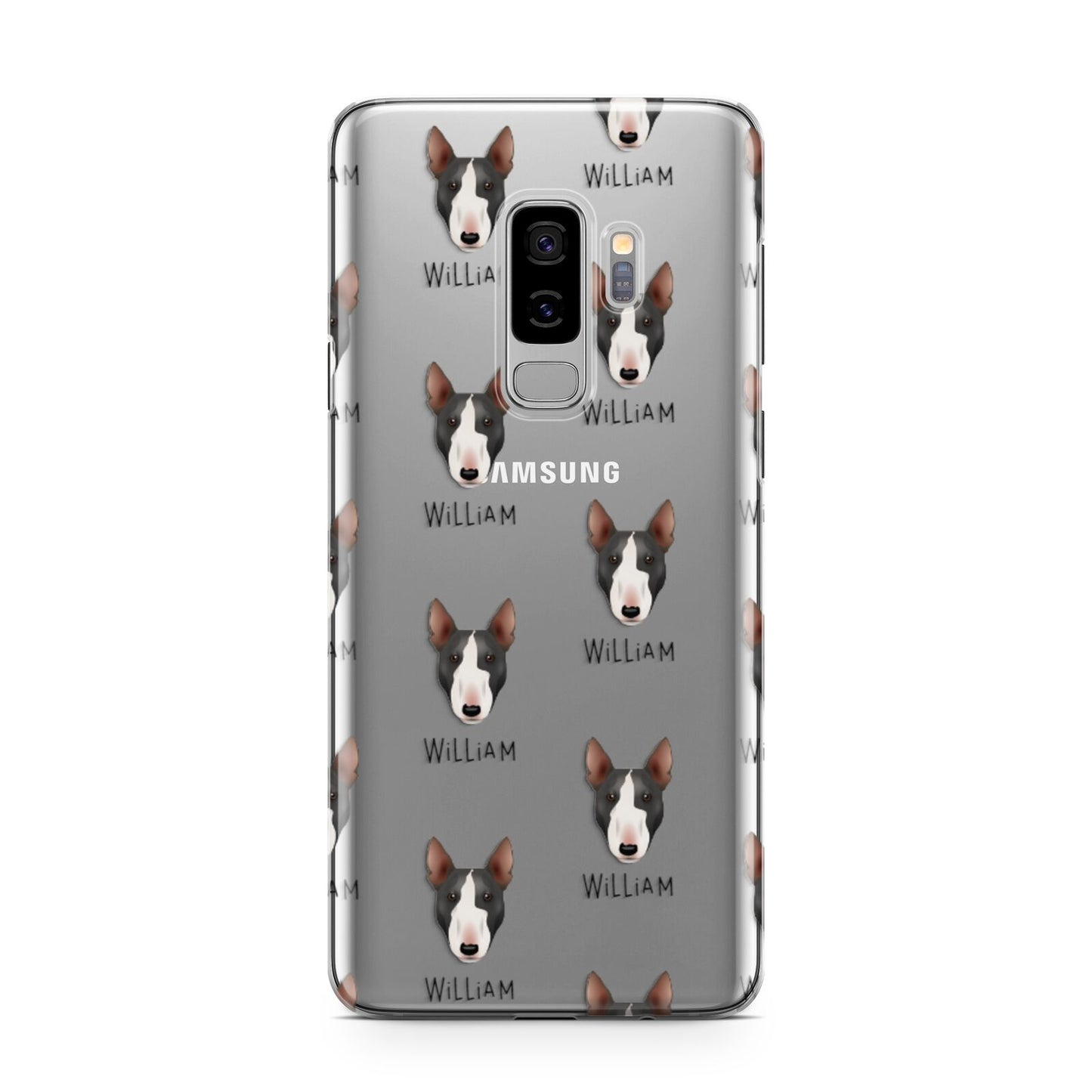 Miniature Bull Terrier Icon with Name Samsung Galaxy S9 Plus Case on Silver phone