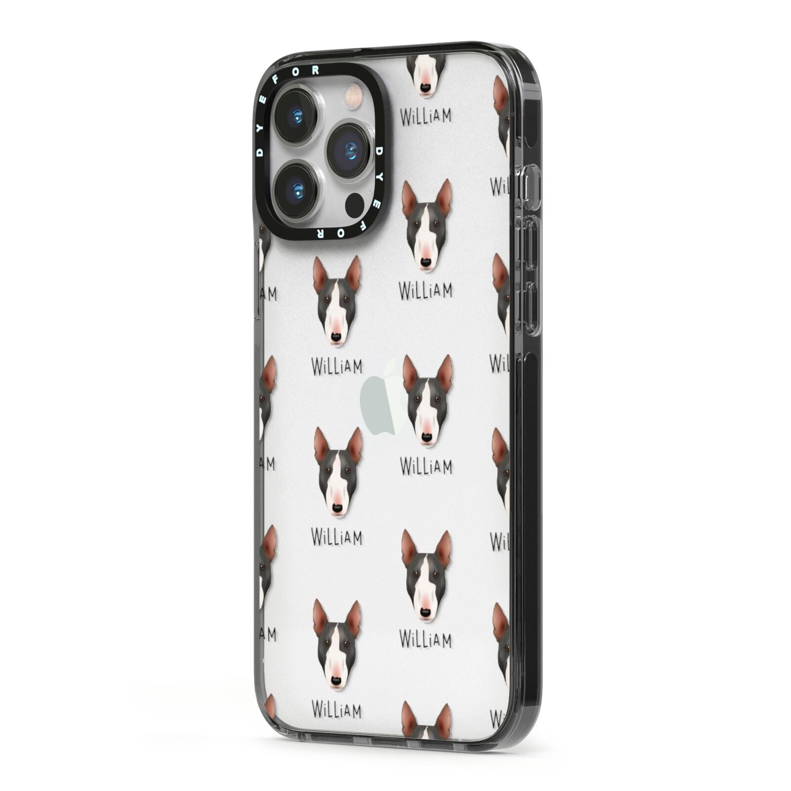 Miniature Bull Terrier Icon with Name iPhone 13 Pro Max Black Impact Case Side Angle on Silver phone