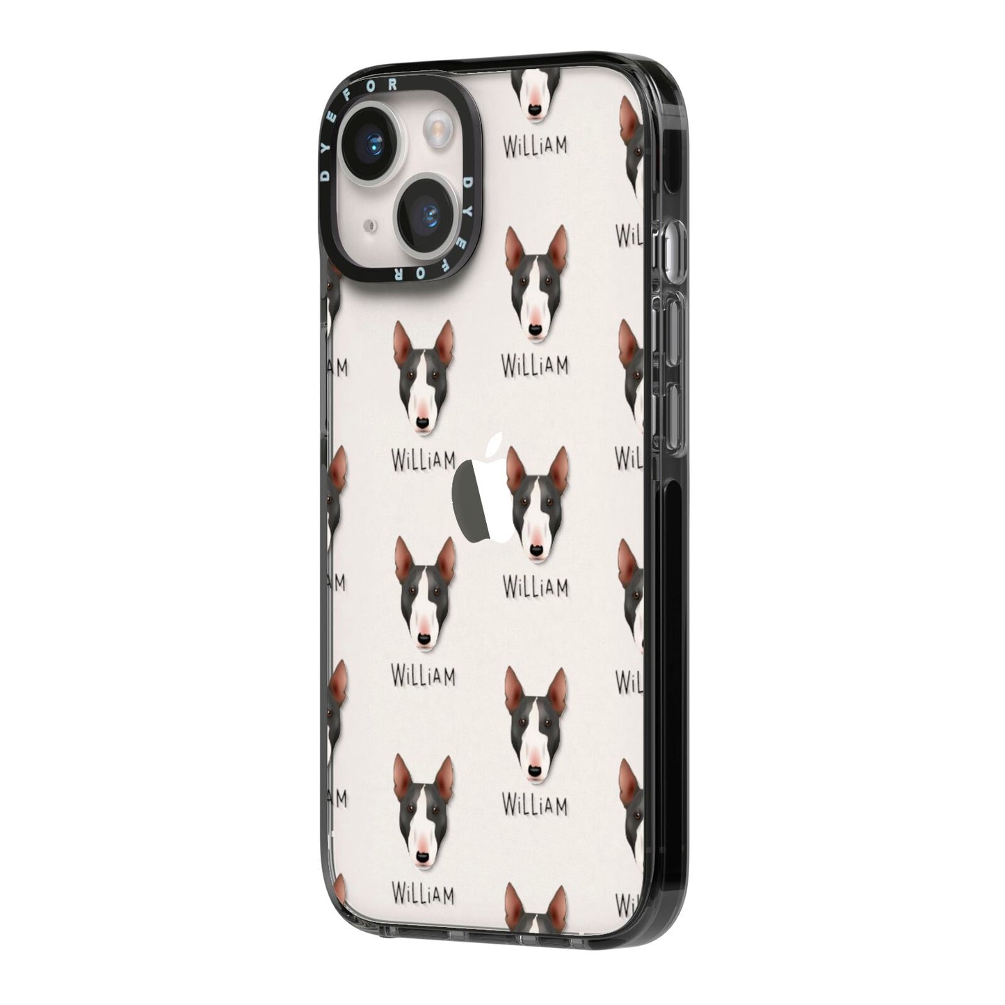 Miniature Bull Terrier Icon with Name iPhone 14 Black Impact Case Side Angle on Silver phone