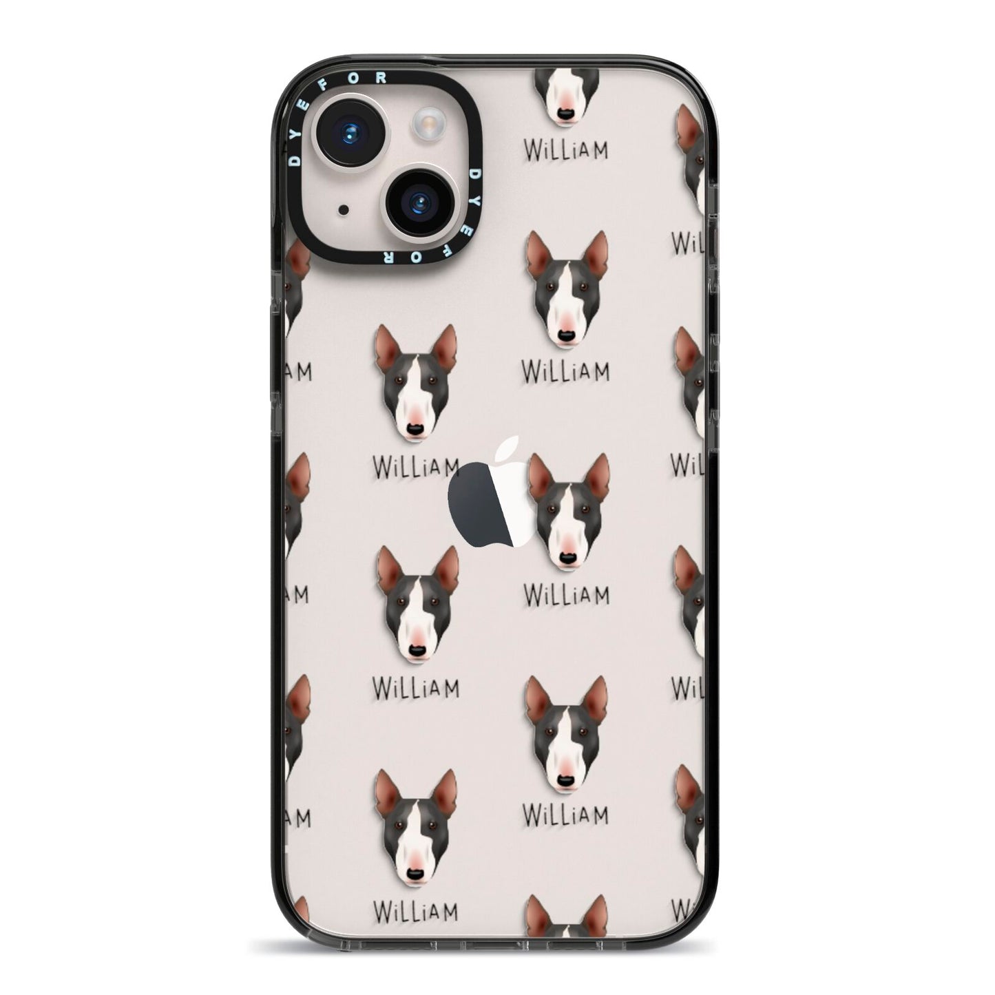Miniature Bull Terrier Icon with Name iPhone 14 Plus Black Impact Case on Silver phone