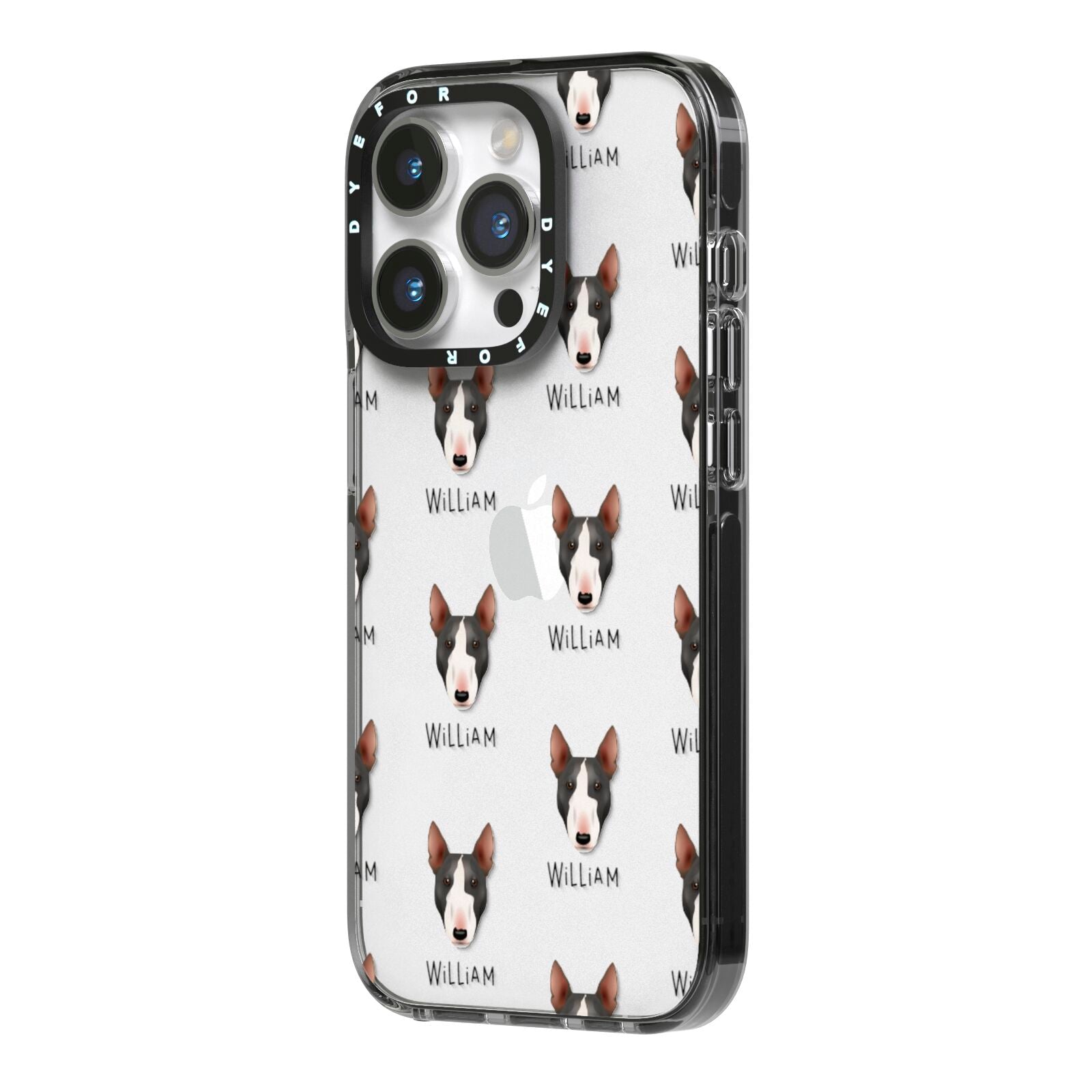 Miniature Bull Terrier Icon with Name iPhone 14 Pro Black Impact Case Side Angle on Silver phone