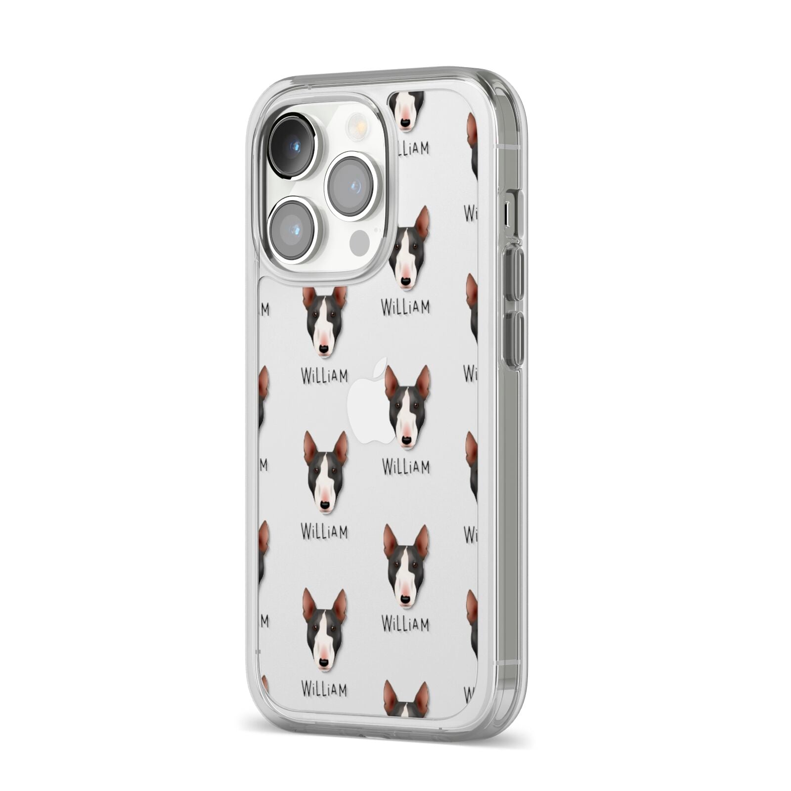 Miniature Bull Terrier Icon with Name iPhone 14 Pro Clear Tough Case Silver Angled Image