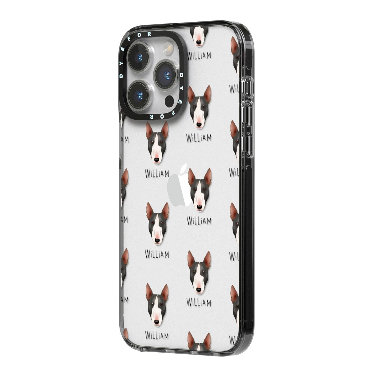 Miniature Bull Terrier Icon with Name iPhone 14 Pro Max Black Impact Case Side Angle on Silver phone