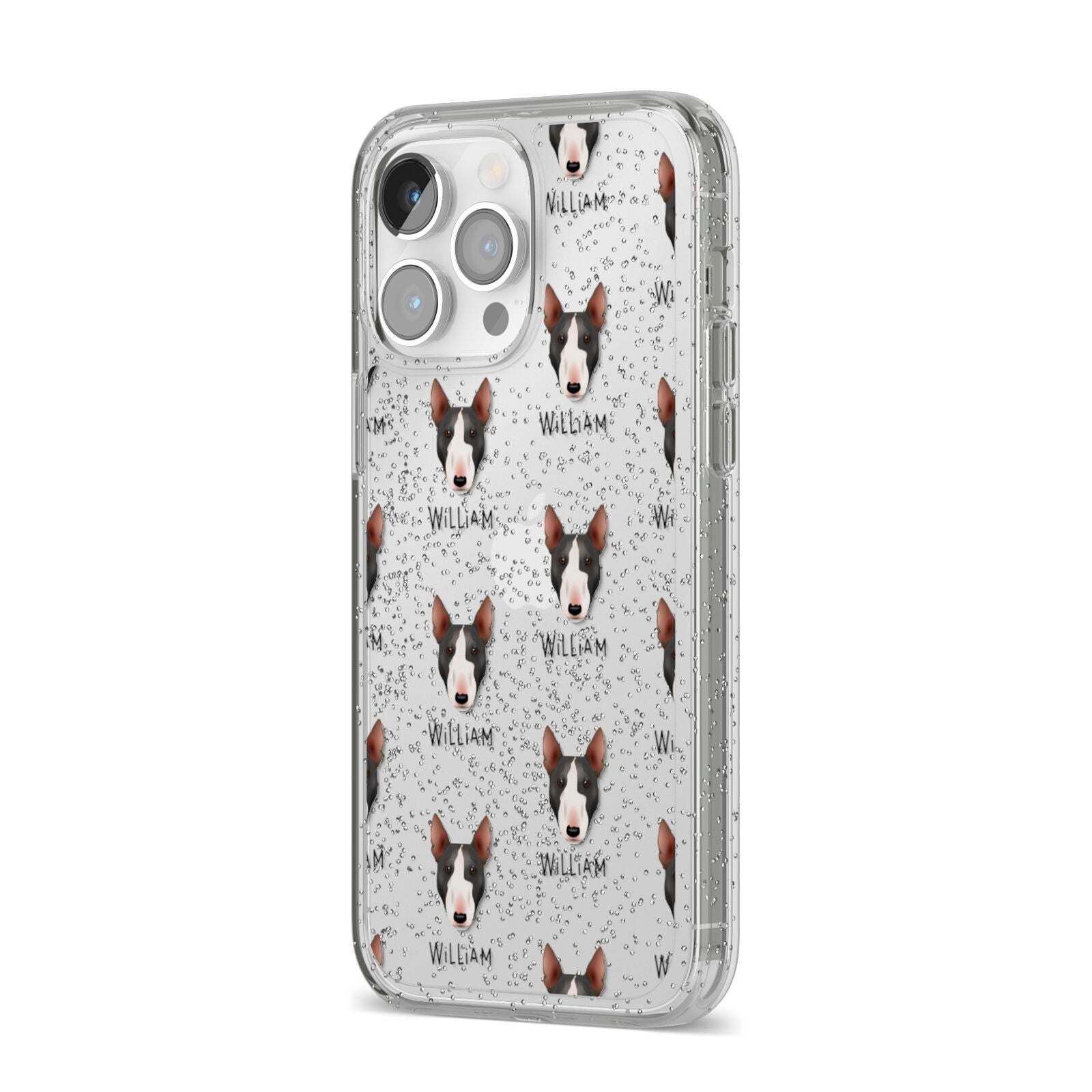 Miniature Bull Terrier Icon with Name iPhone 14 Pro Max Glitter Tough Case Silver Angled Image