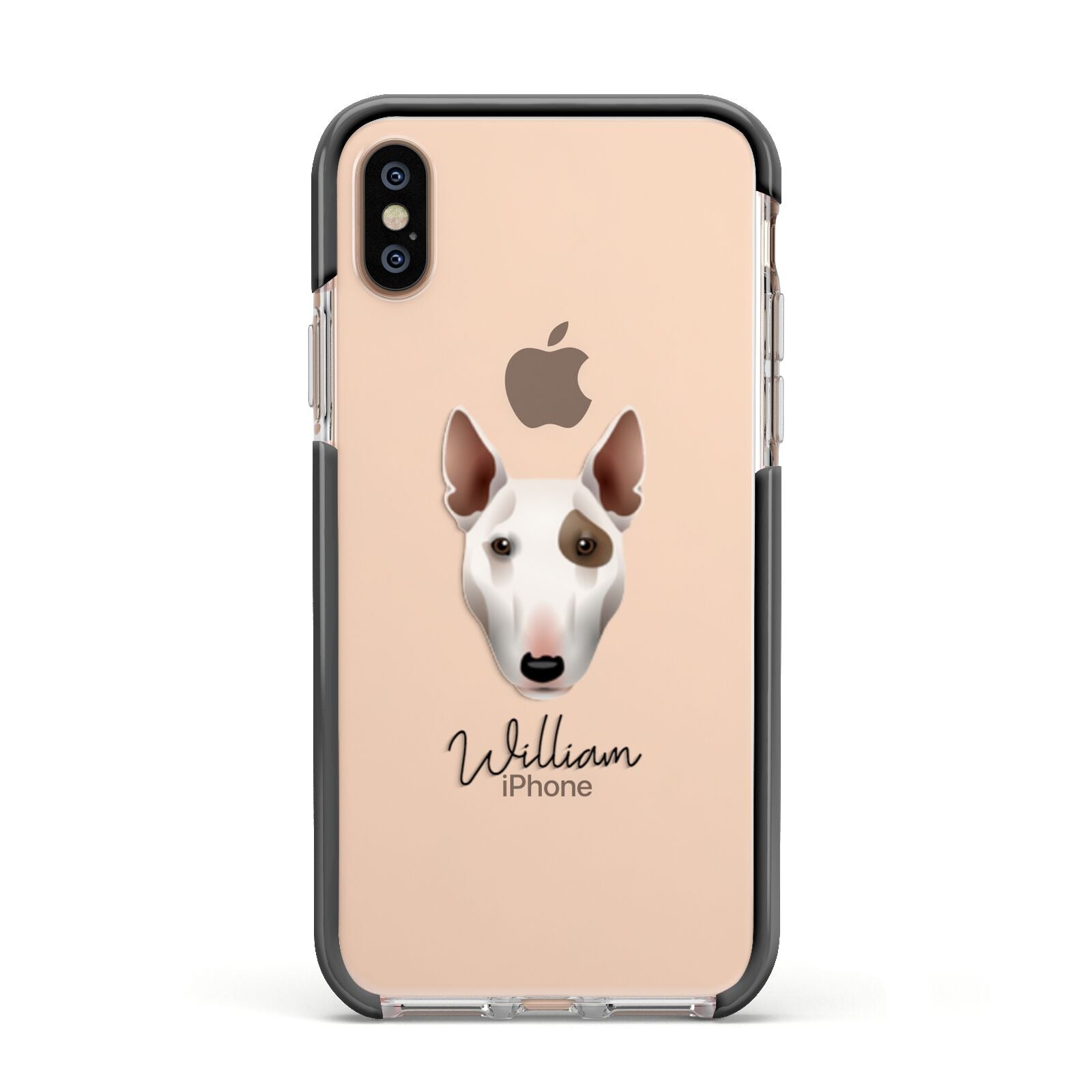Miniature Bull Terrier Personalised Apple iPhone Xs Impact Case Black Edge on Gold Phone