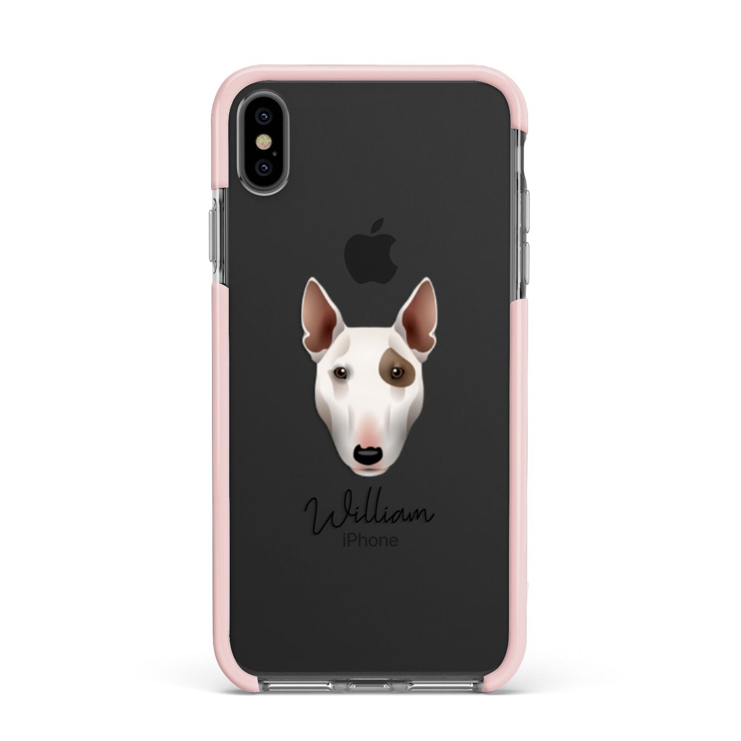 Miniature Bull Terrier Personalised Apple iPhone Xs Max Impact Case Pink Edge on Black Phone