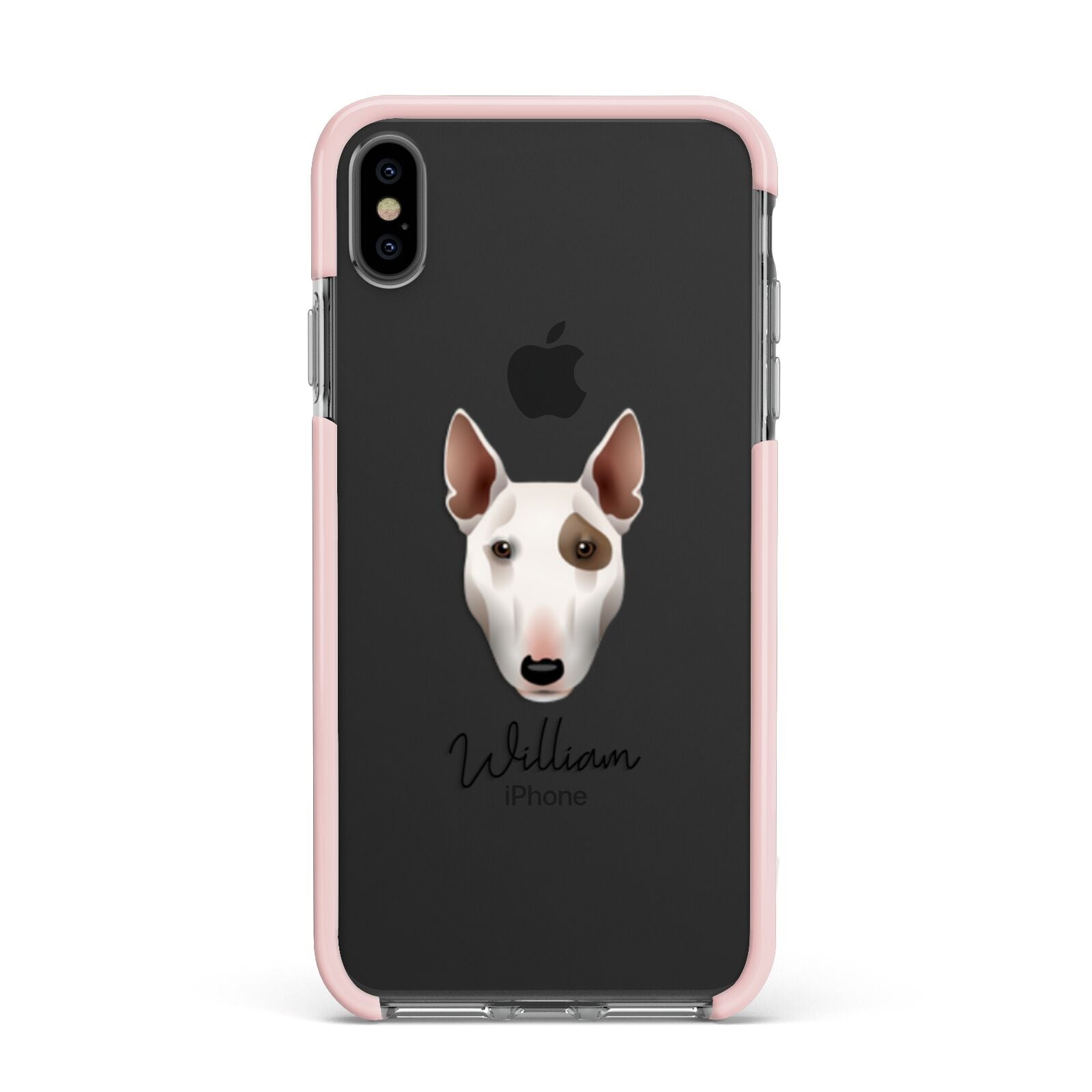 Miniature Bull Terrier Personalised Apple iPhone Xs Max Impact Case Pink Edge on Black Phone
