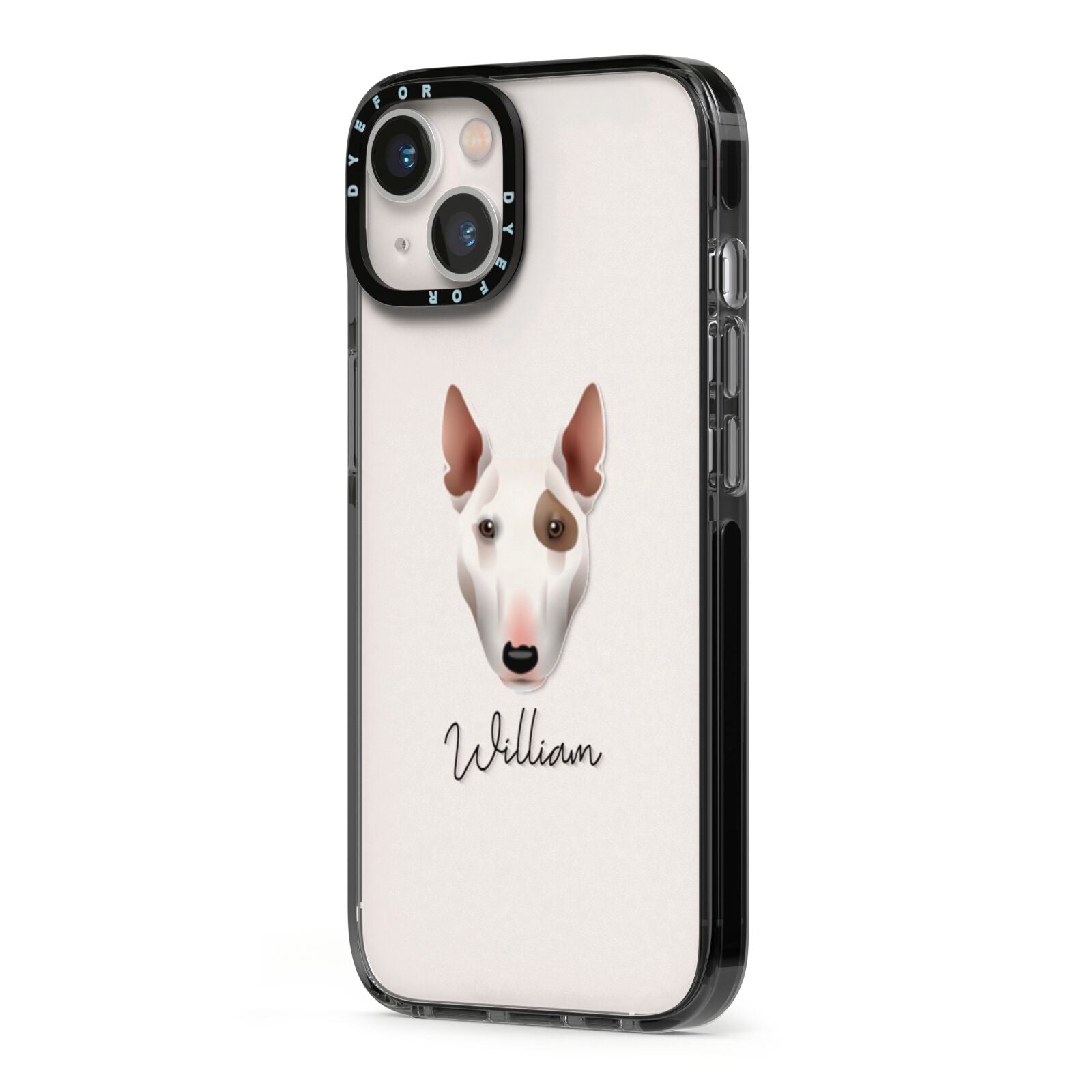 Miniature Bull Terrier Personalised iPhone 13 Black Impact Case Side Angle on Silver phone
