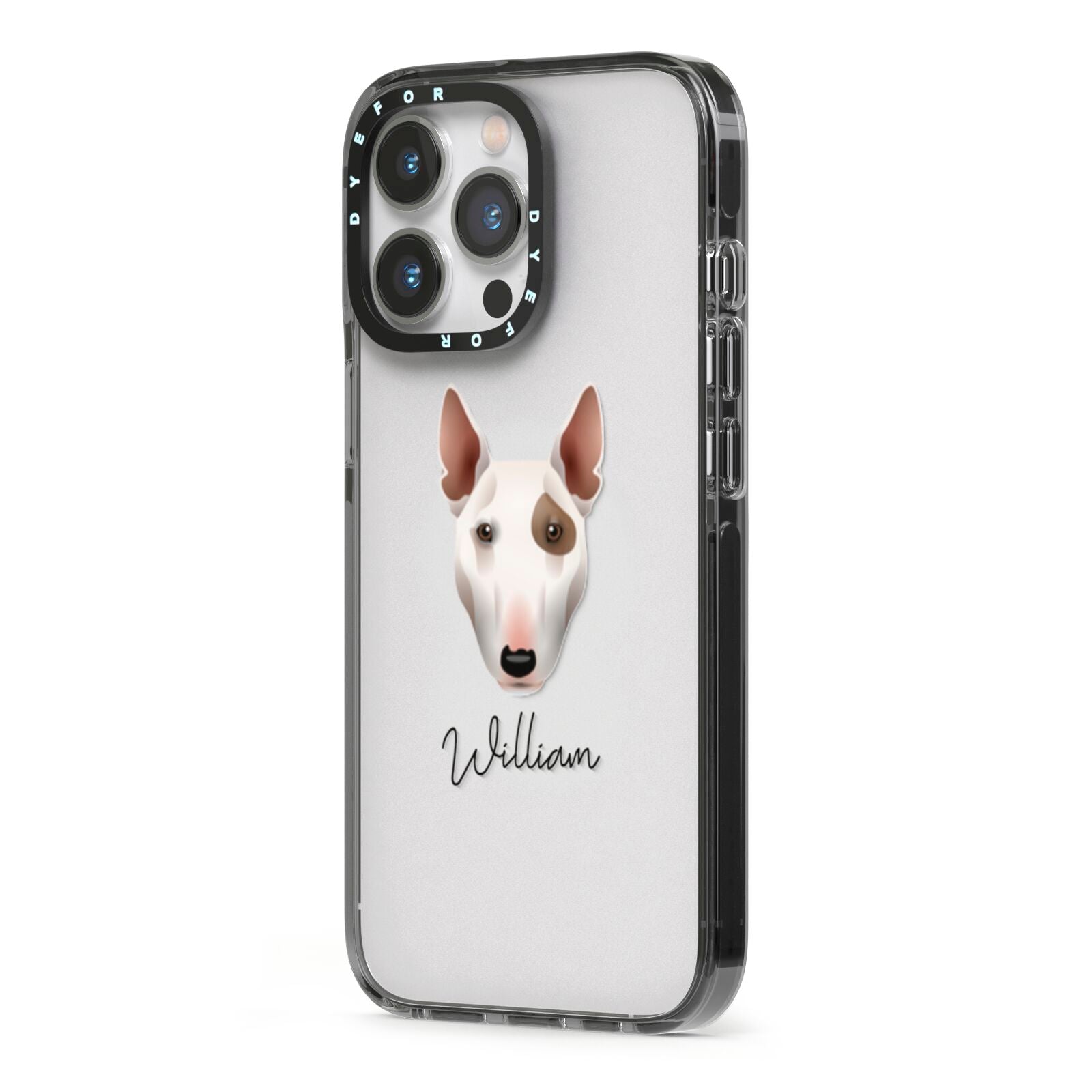 Miniature Bull Terrier Personalised iPhone 13 Pro Black Impact Case Side Angle on Silver phone