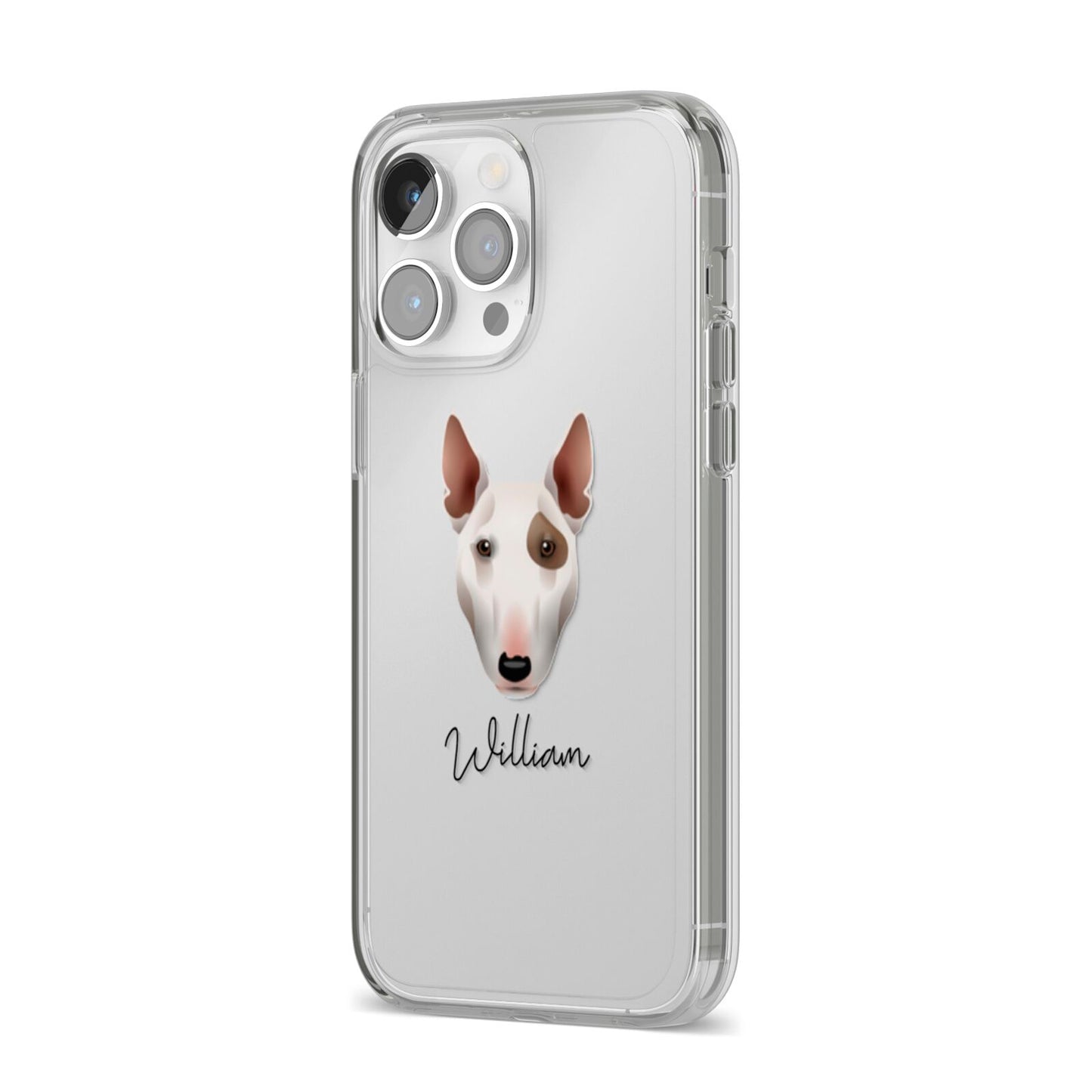 Miniature Bull Terrier Personalised iPhone 14 Pro Max Clear Tough Case Silver Angled Image