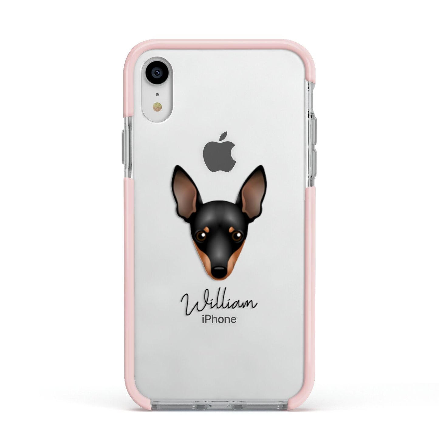 Miniature Pinscher Personalised Apple iPhone XR Impact Case Pink Edge on Silver Phone
