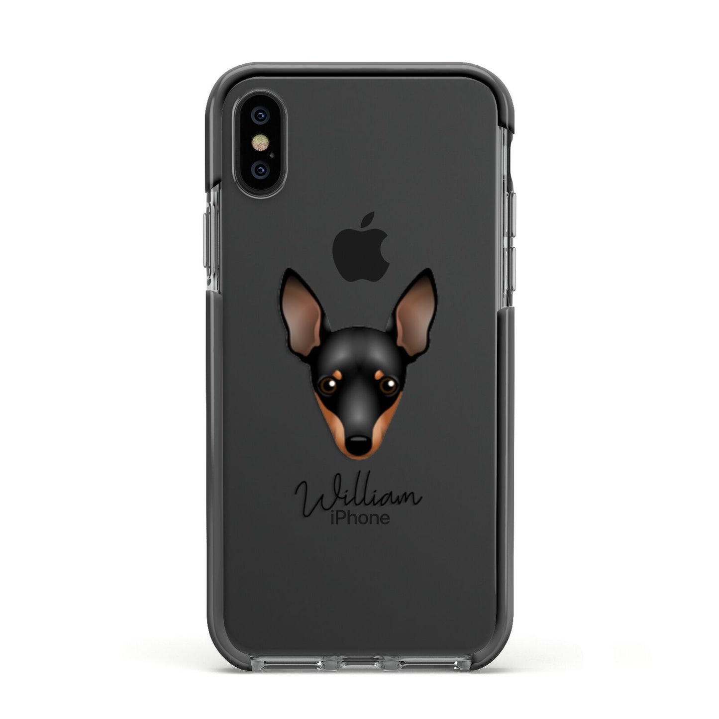Miniature Pinscher Personalised Apple iPhone Xs Impact Case Black Edge on Black Phone