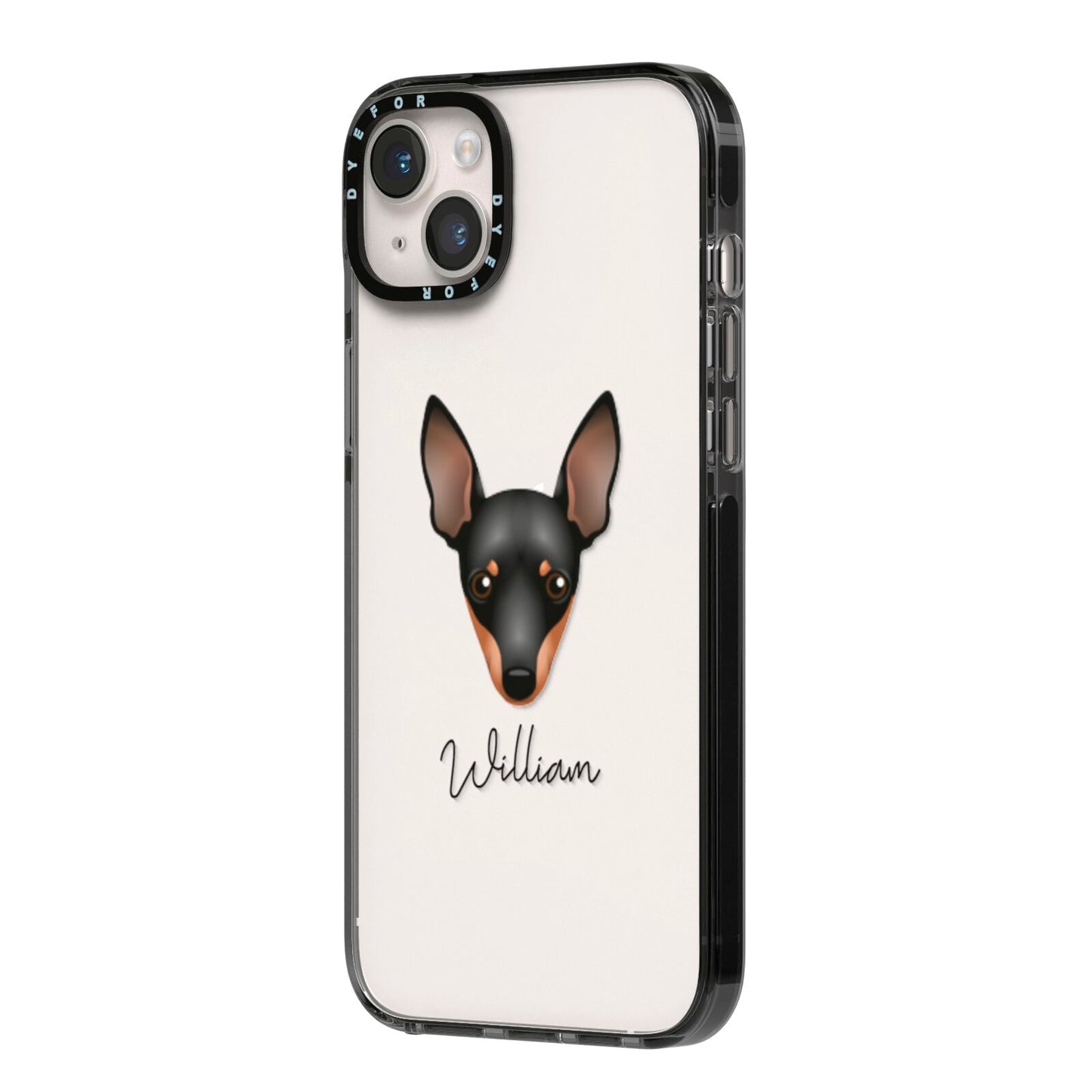 Miniature Pinscher Personalised iPhone 14 Plus Black Impact Case Side Angle on Silver phone