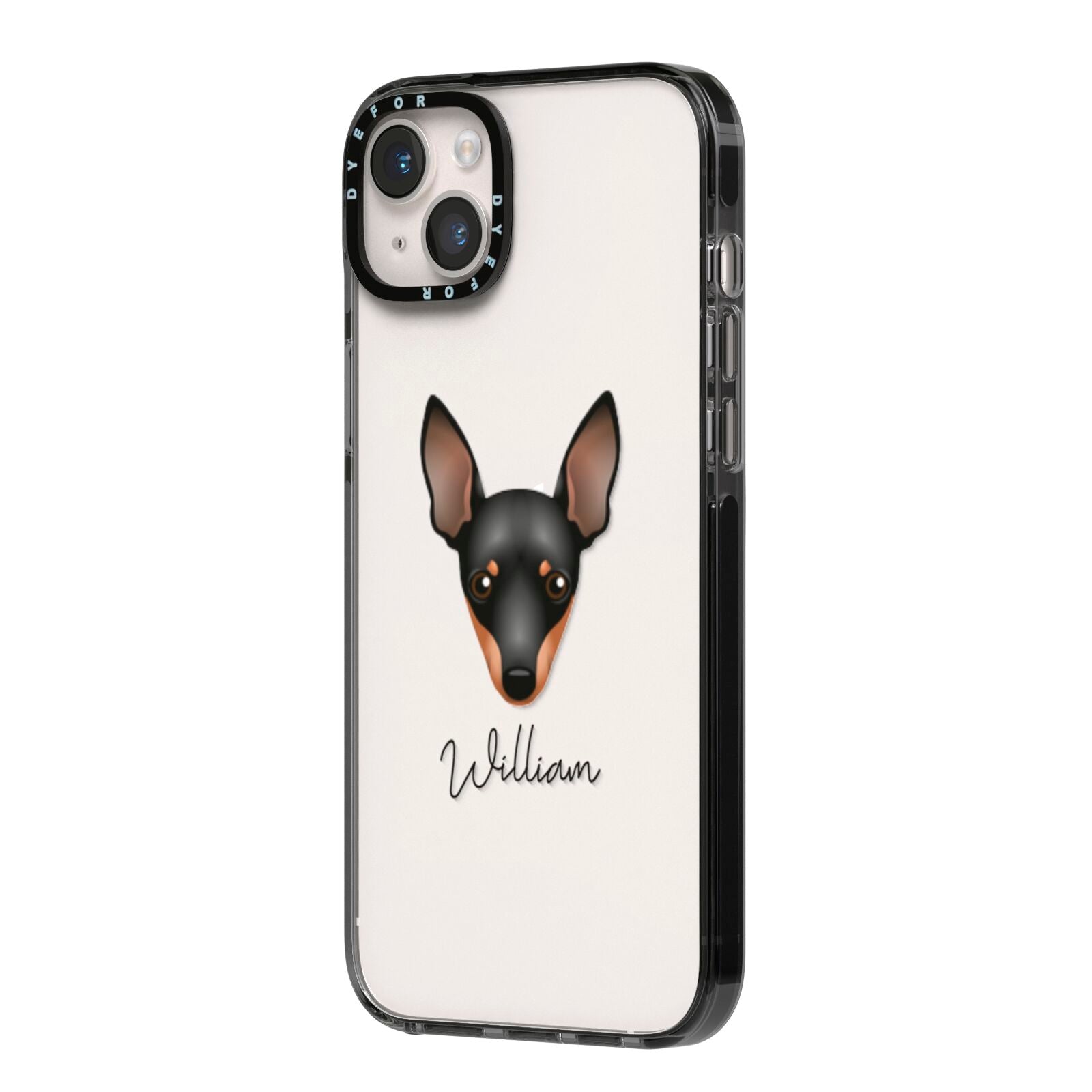 Miniature Pinscher Personalised iPhone 14 Plus Black Impact Case Side Angle on Silver phone