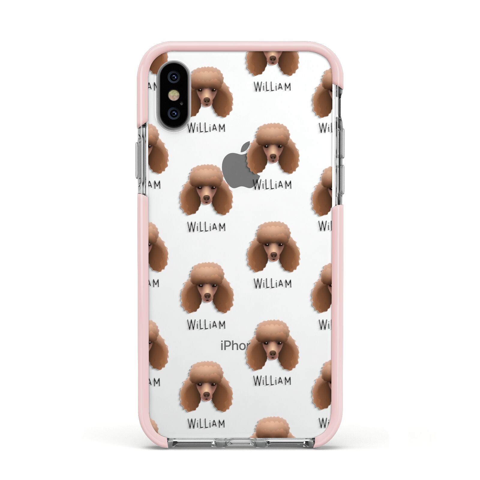 Miniature Poodle Icon with Name Apple iPhone Xs Impact Case Pink Edge on Silver Phone