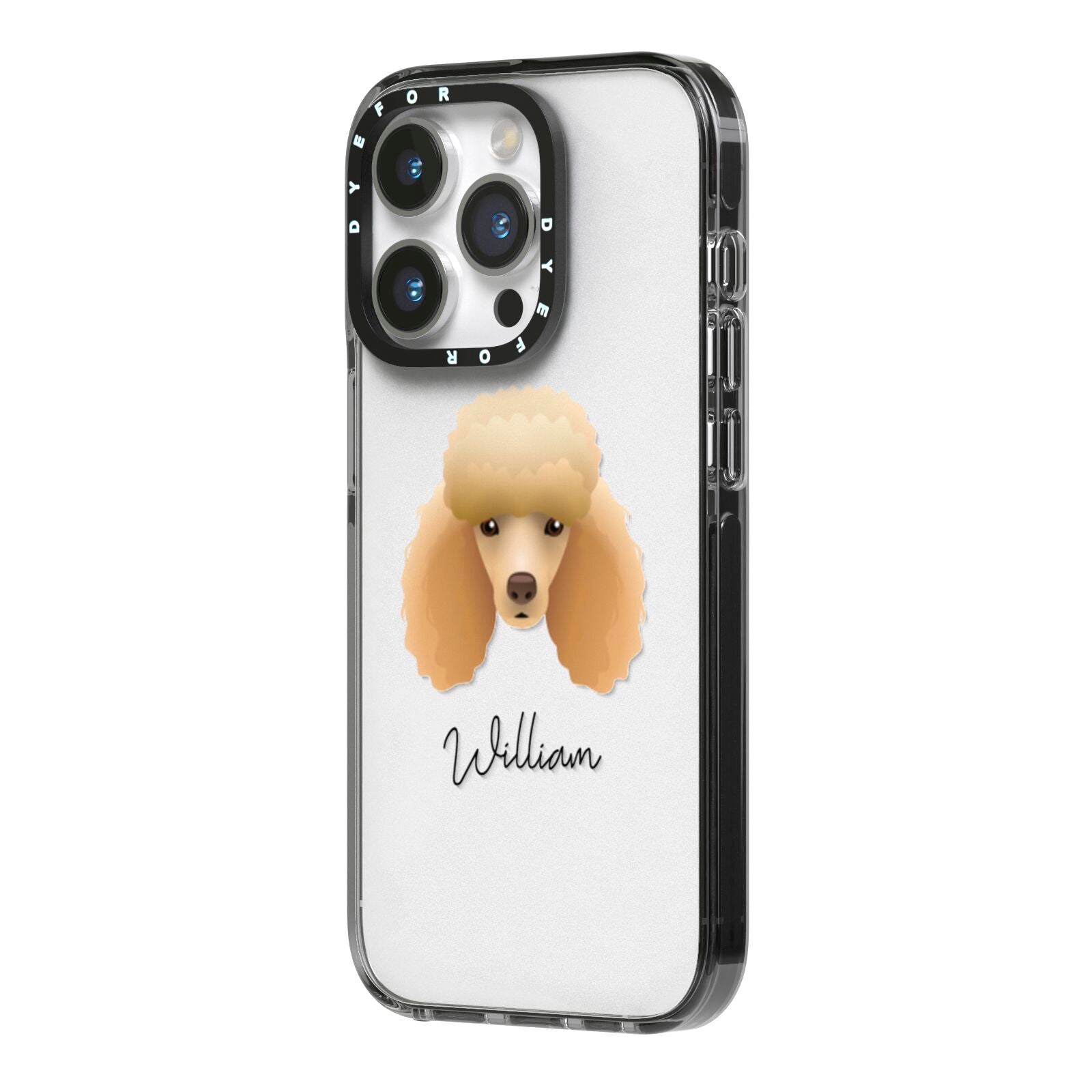 Miniature Poodle Personalised iPhone 14 Pro Black Impact Case Side Angle on Silver phone