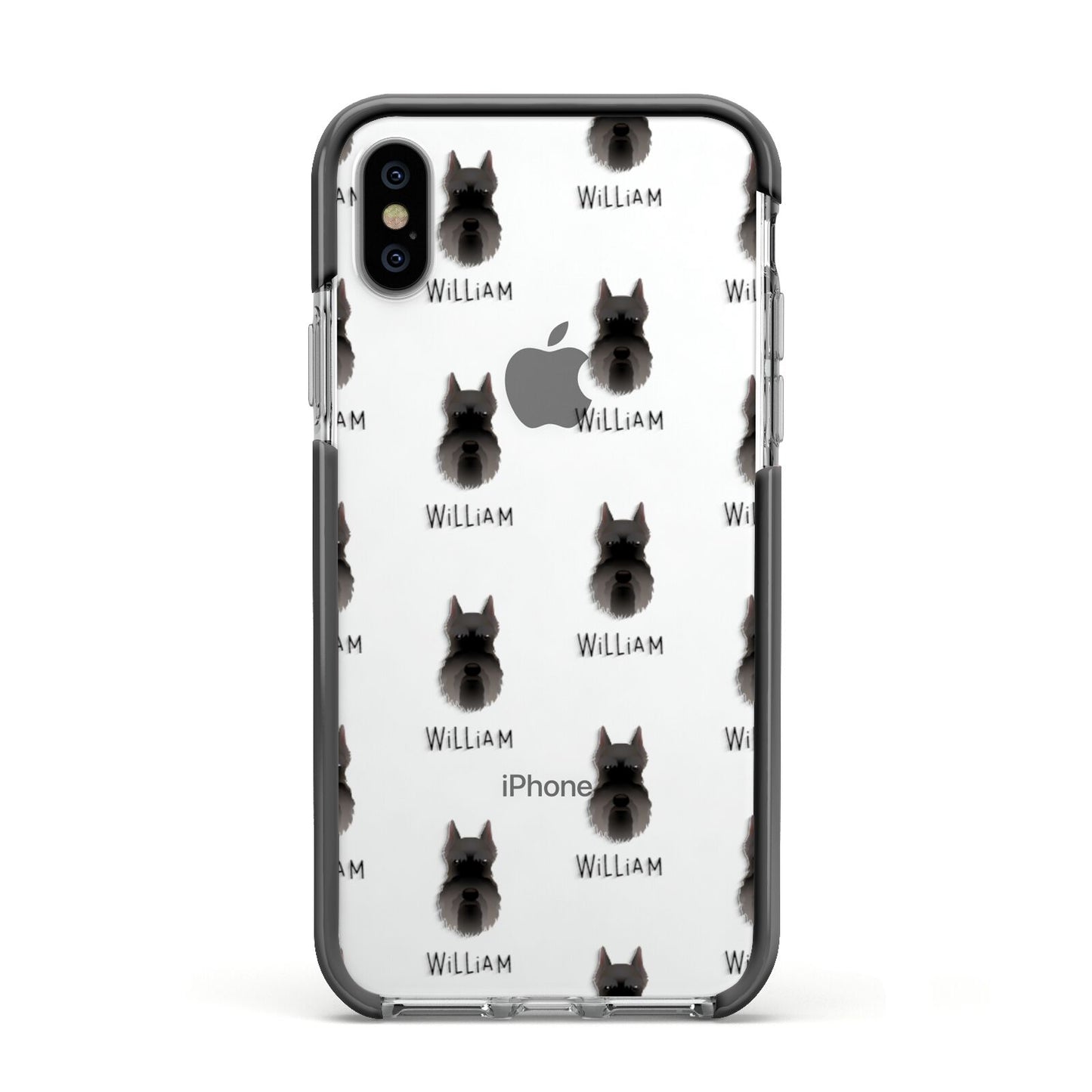 Miniature Schnauzer Icon with Name Apple iPhone Xs Impact Case Black Edge on Silver Phone