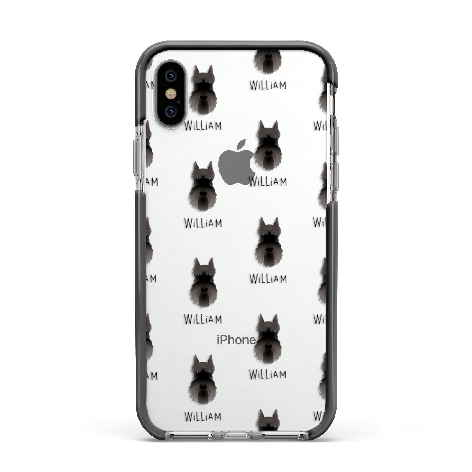 Miniature Schnauzer Icon with Name Apple iPhone Xs Impact Case Black Edge on Silver Phone