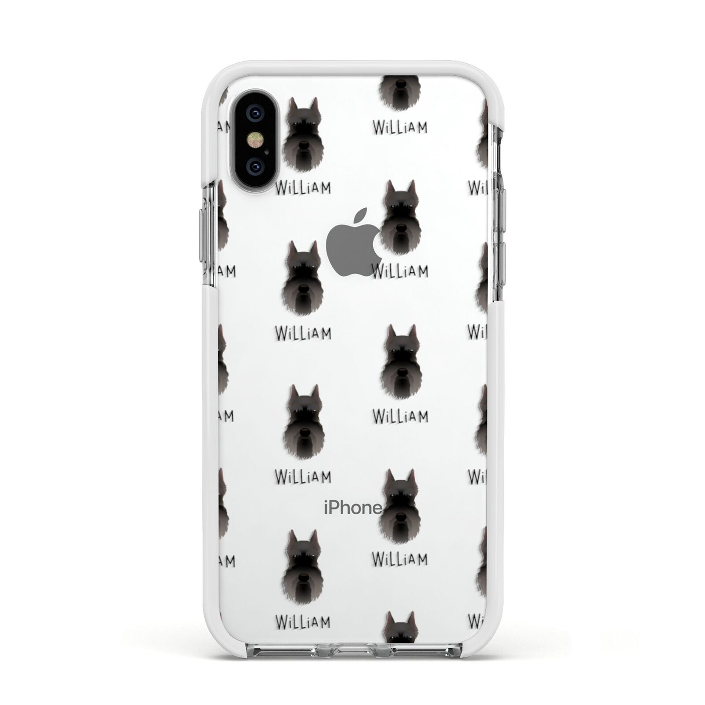 Miniature Schnauzer Icon with Name Apple iPhone Xs Impact Case White Edge on Silver Phone