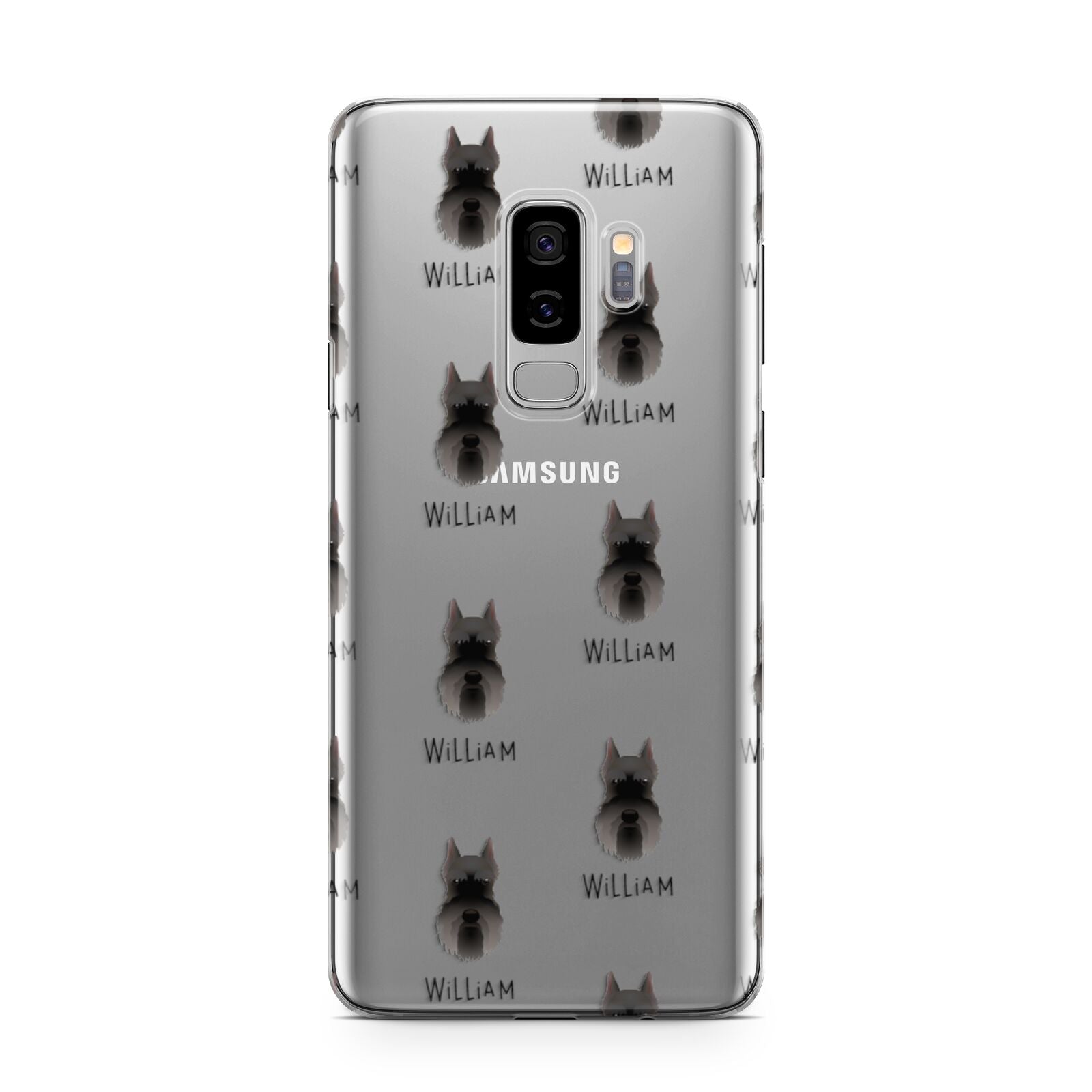 Miniature Schnauzer Icon with Name Samsung Galaxy S9 Plus Case on Silver phone