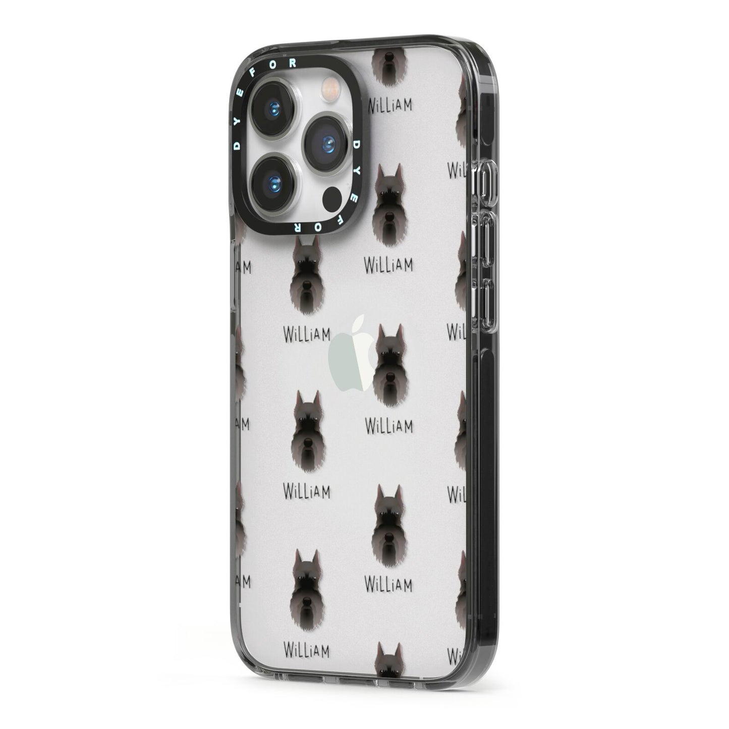 Miniature Schnauzer Icon with Name iPhone 13 Pro Black Impact Case Side Angle on Silver phone