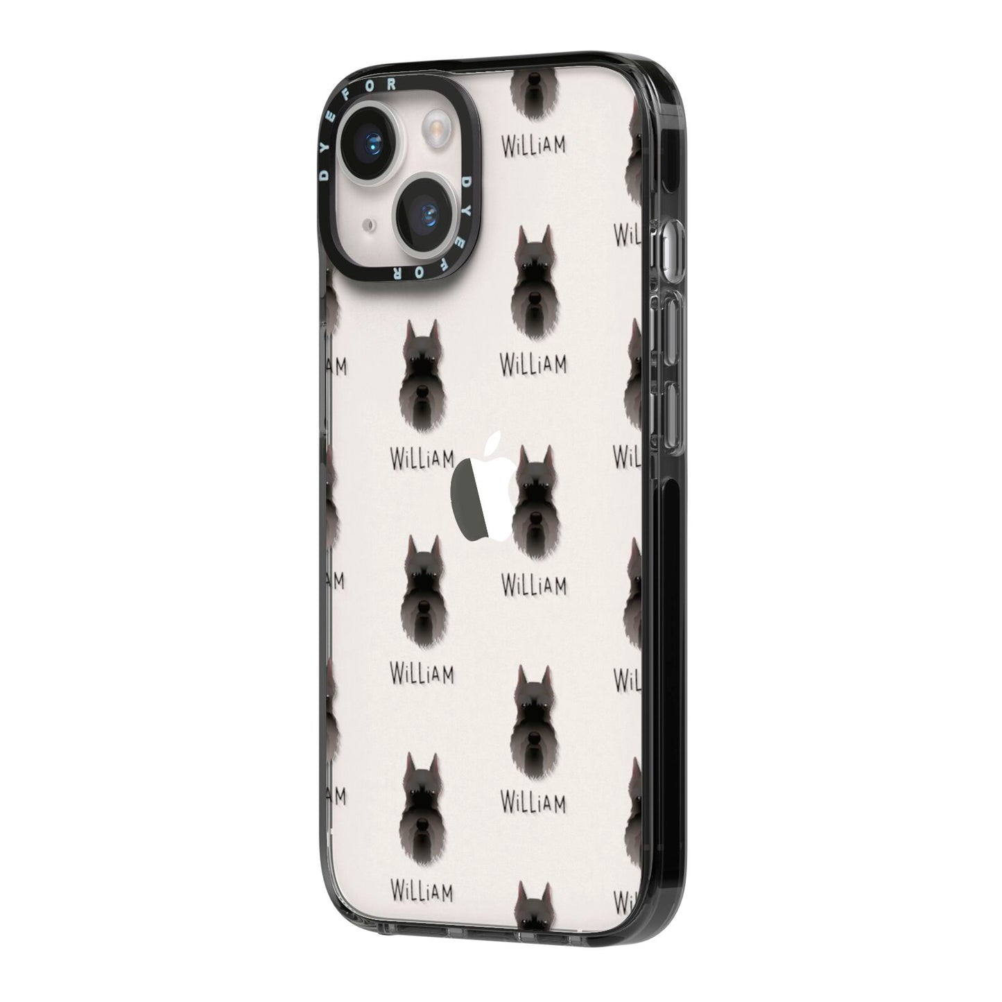 Miniature Schnauzer Icon with Name iPhone 14 Black Impact Case Side Angle on Silver phone