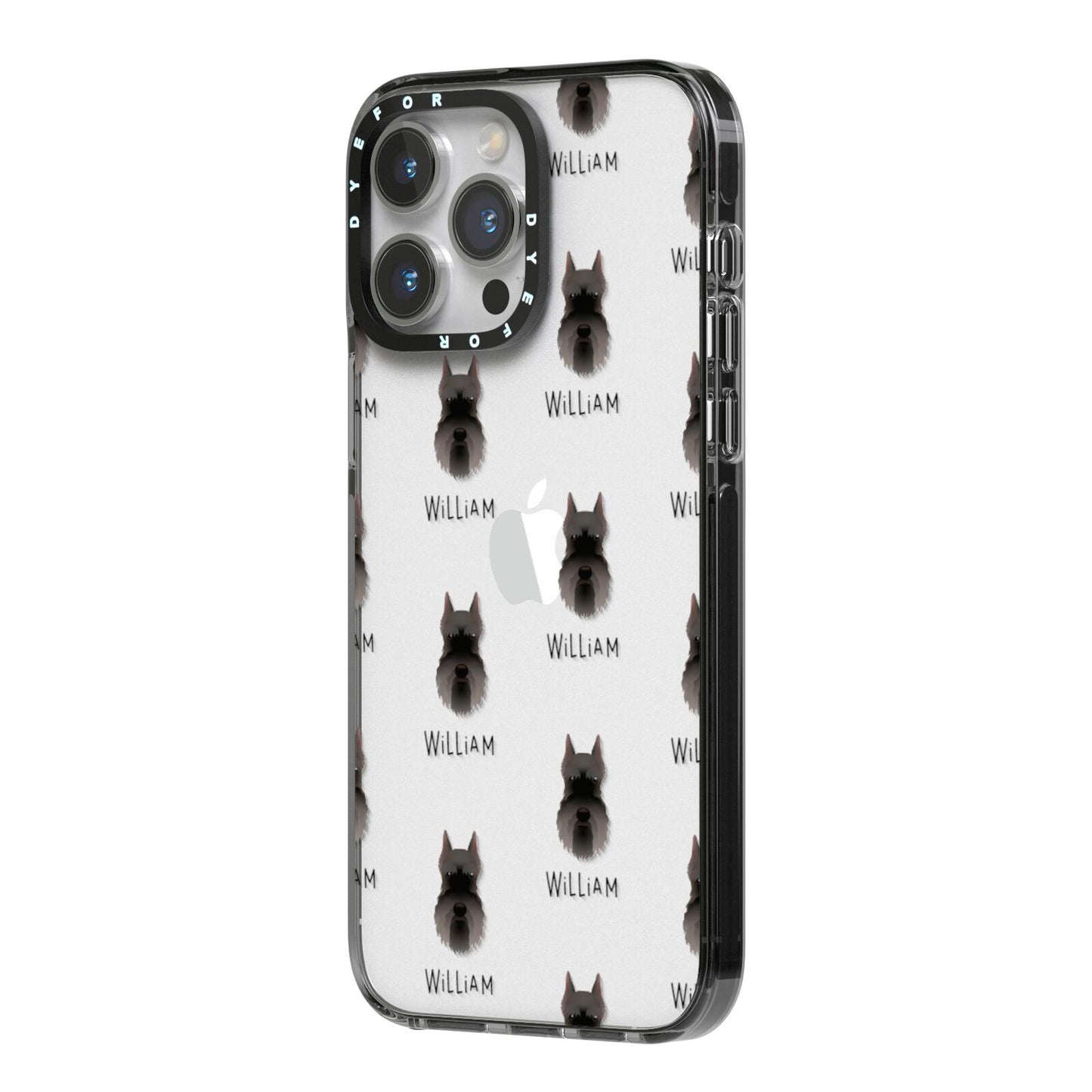 Miniature Schnauzer Icon with Name iPhone 14 Pro Max Black Impact Case Side Angle on Silver phone