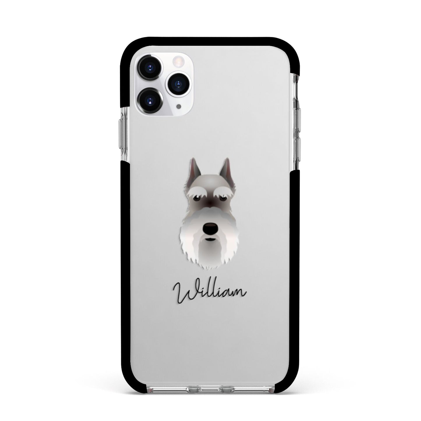 Miniature Schnauzer Personalised Apple iPhone 11 Pro Max in Silver with Black Impact Case