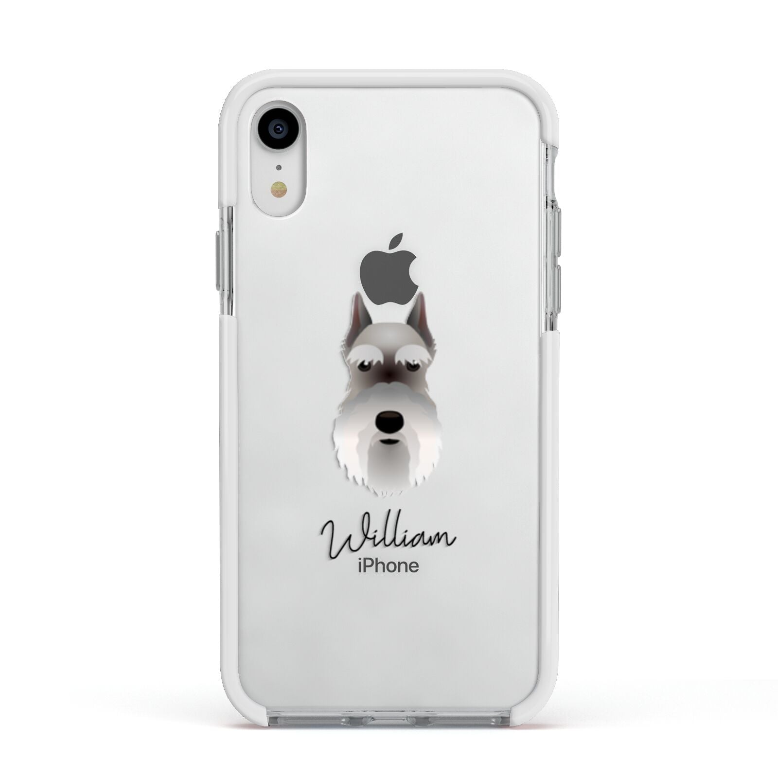 Miniature Schnauzer Personalised Apple iPhone XR Impact Case White Edge on Silver Phone
