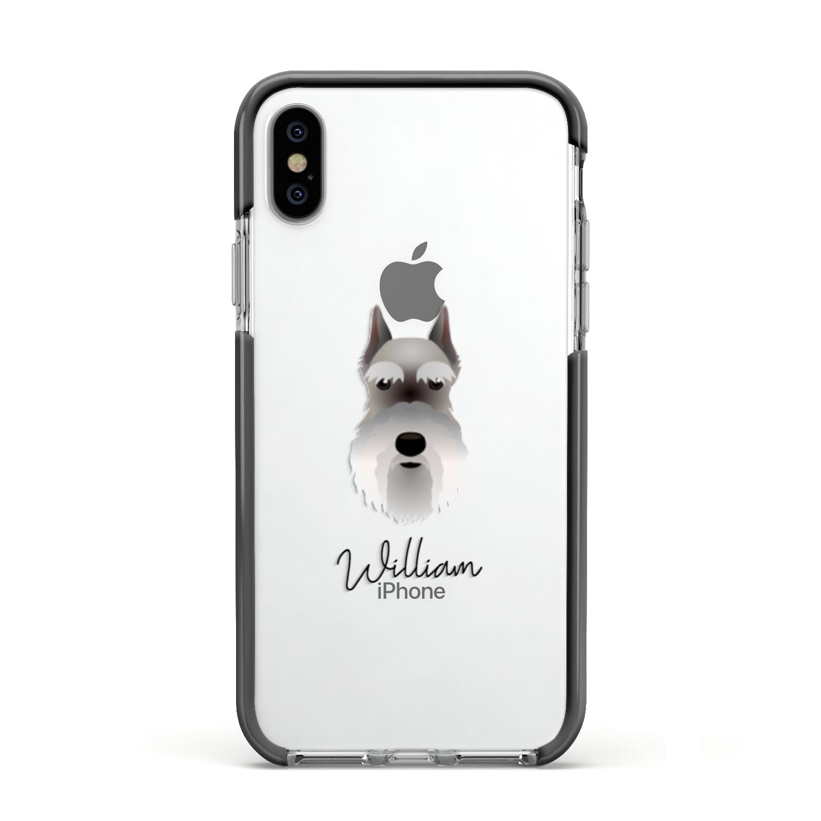Miniature Schnauzer Personalised Apple iPhone Xs Impact Case Black Edge on Silver Phone