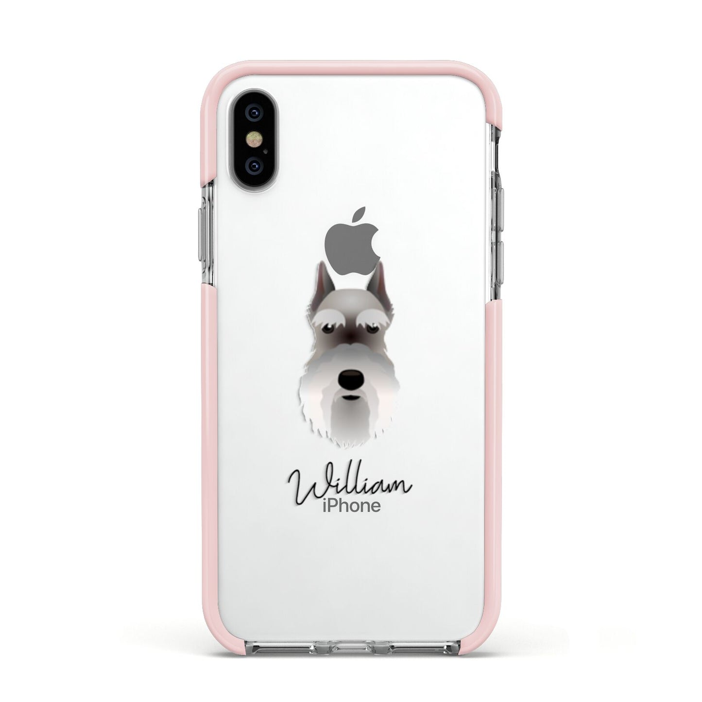 Miniature Schnauzer Personalised Apple iPhone Xs Impact Case Pink Edge on Silver Phone