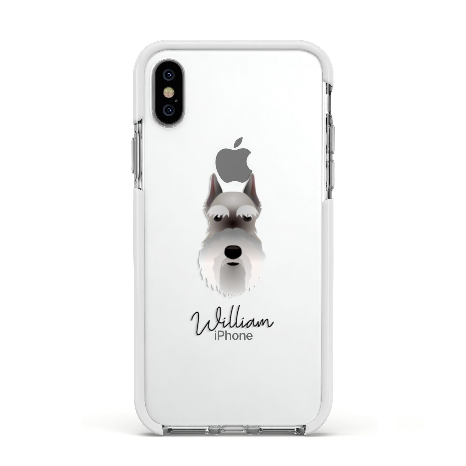 Miniature Schnauzer Personalised Apple iPhone Xs Impact Case White Edge on Silver Phone
