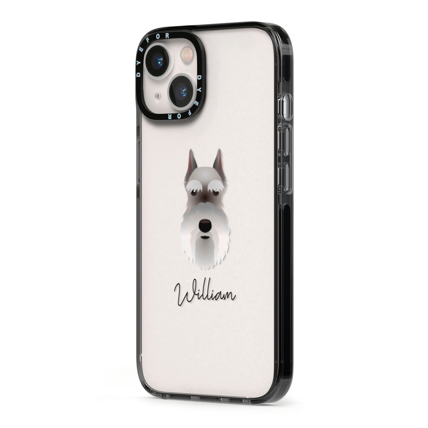 Miniature Schnauzer Personalised iPhone 13 Black Impact Case Side Angle on Silver phone