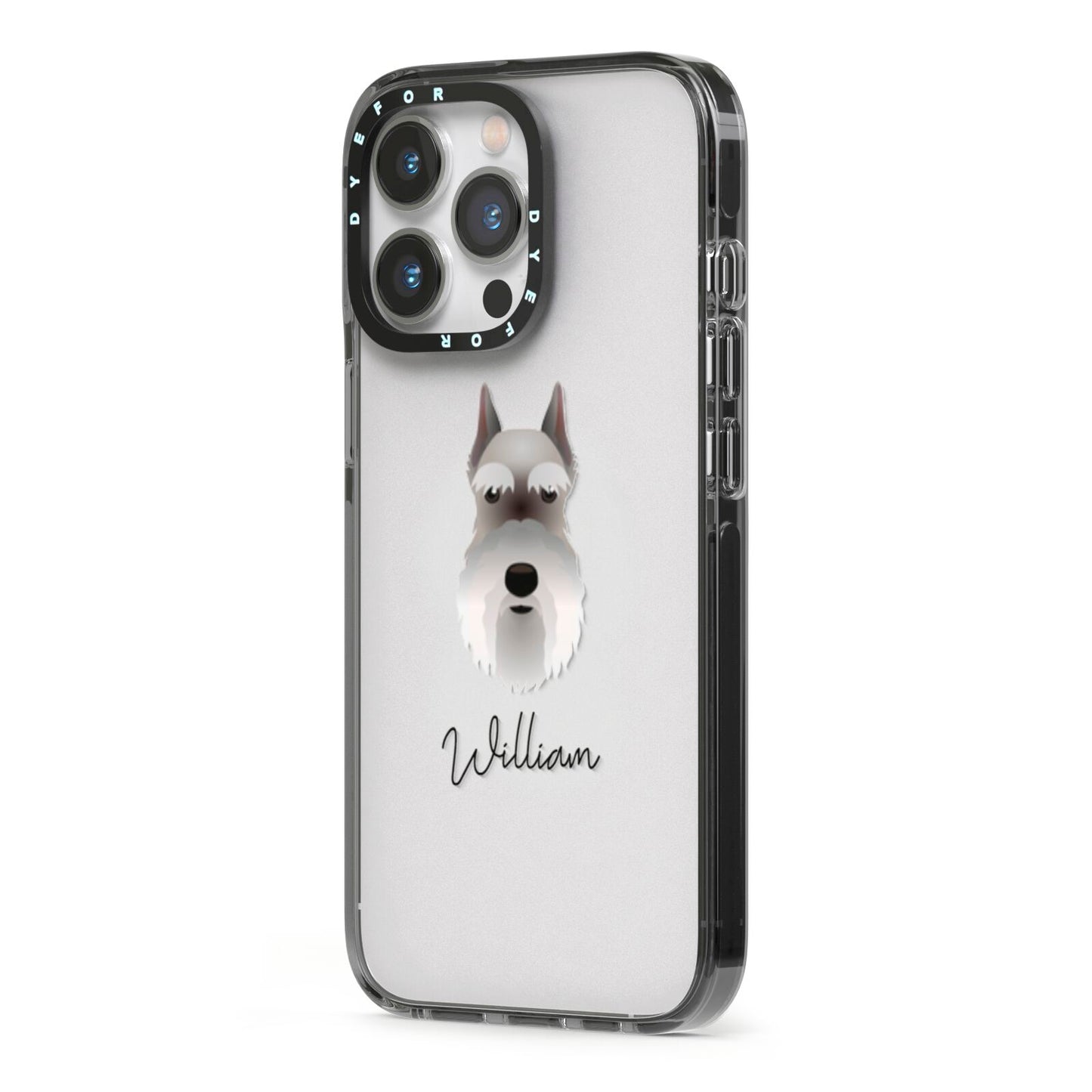 Miniature Schnauzer Personalised iPhone 13 Pro Black Impact Case Side Angle on Silver phone