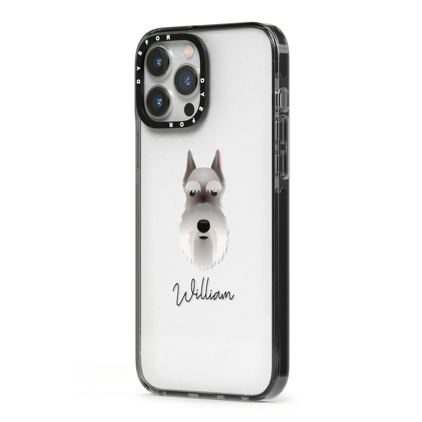 Miniature Schnauzer Personalised iPhone 13 Pro Max Black Impact Case Side Angle on Silver phone