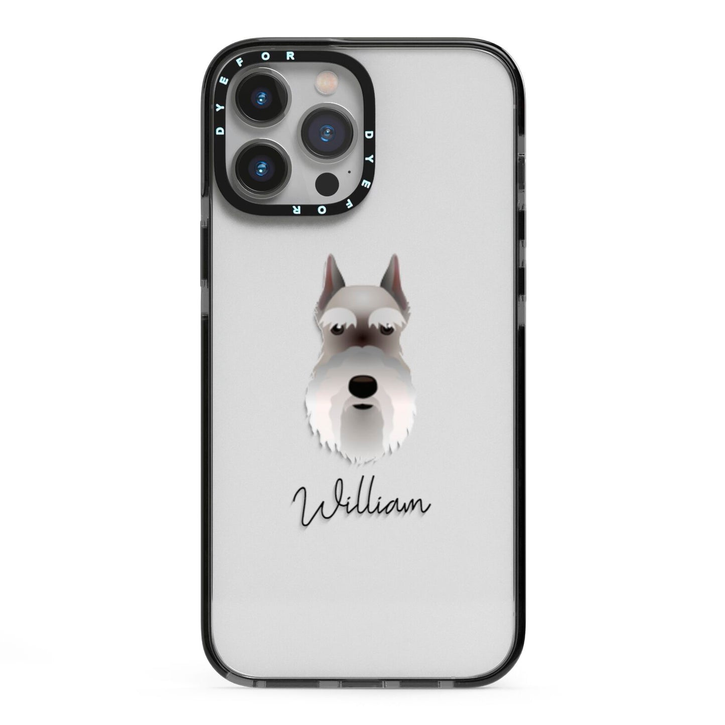 Miniature Schnauzer Personalised iPhone 13 Pro Max Black Impact Case on Silver phone