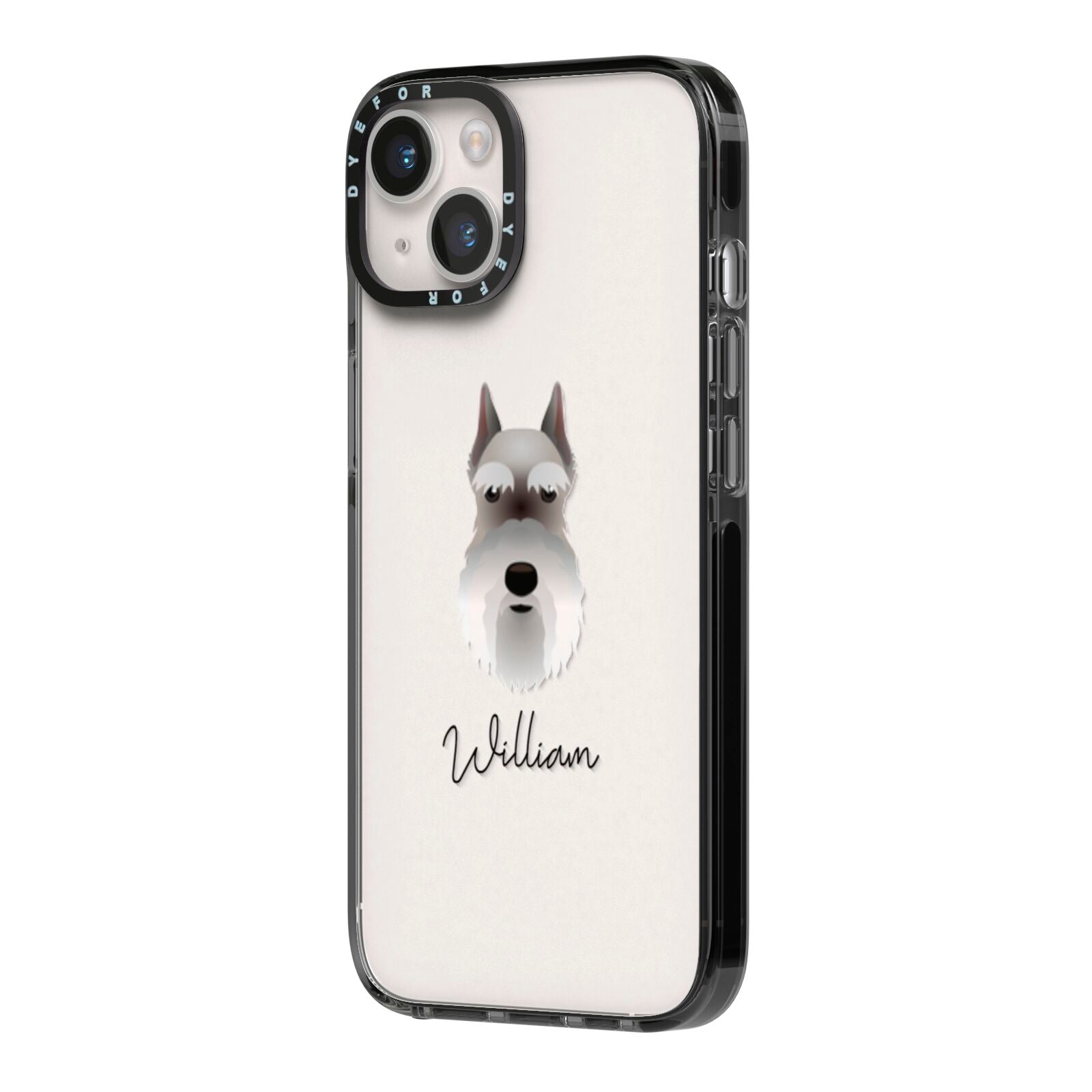 Miniature Schnauzer Personalised iPhone 14 Black Impact Case Side Angle on Silver phone