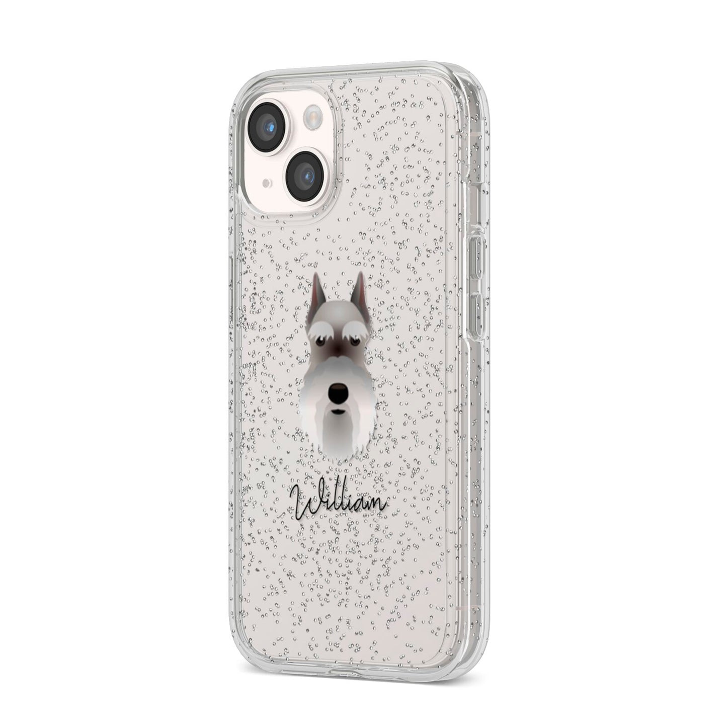 Miniature Schnauzer Personalised iPhone 14 Glitter Tough Case Starlight Angled Image