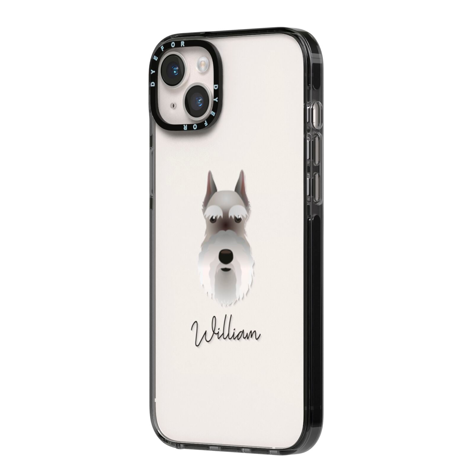 Miniature Schnauzer Personalised iPhone 14 Plus Black Impact Case Side Angle on Silver phone