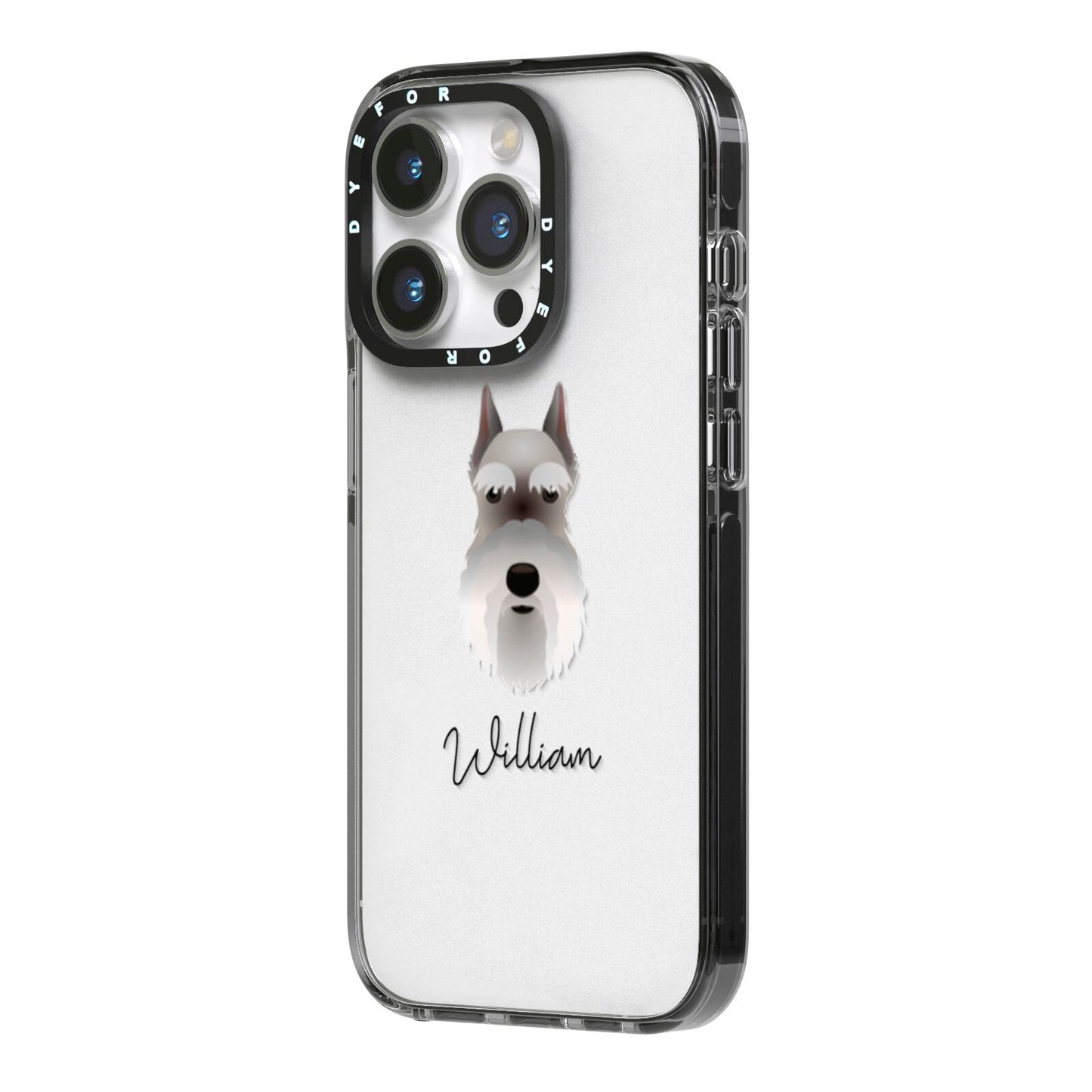 Miniature Schnauzer Personalised iPhone 14 Pro Black Impact Case Side Angle on Silver phone